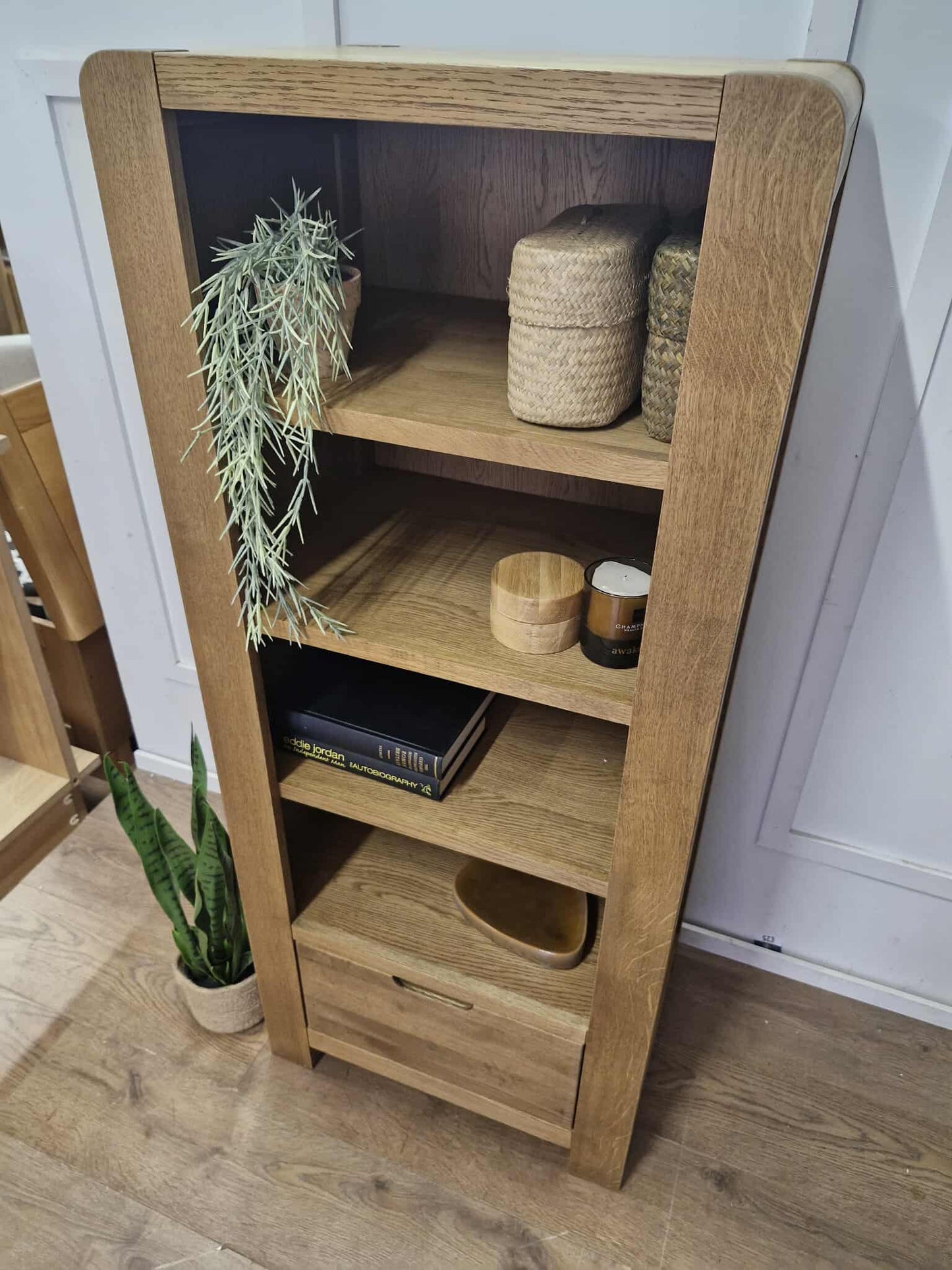 Oak Slim Bookcase / Tower Unit with drawer