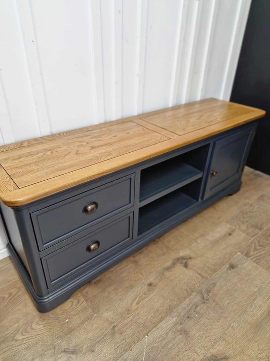 Oak and Blue Painted Wide TV Stand