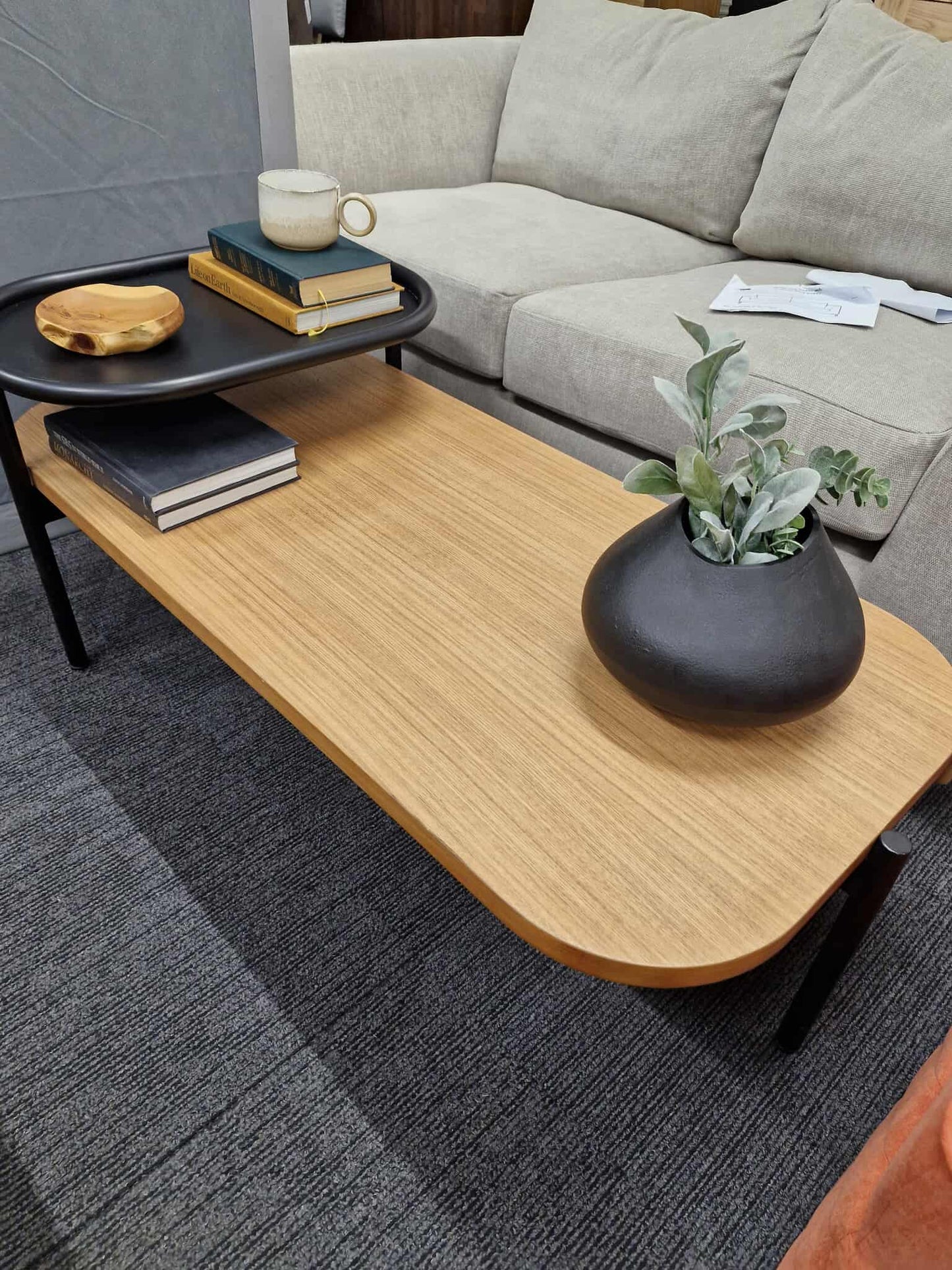 Coffee table wood and Black Metal Tray/  2 tier