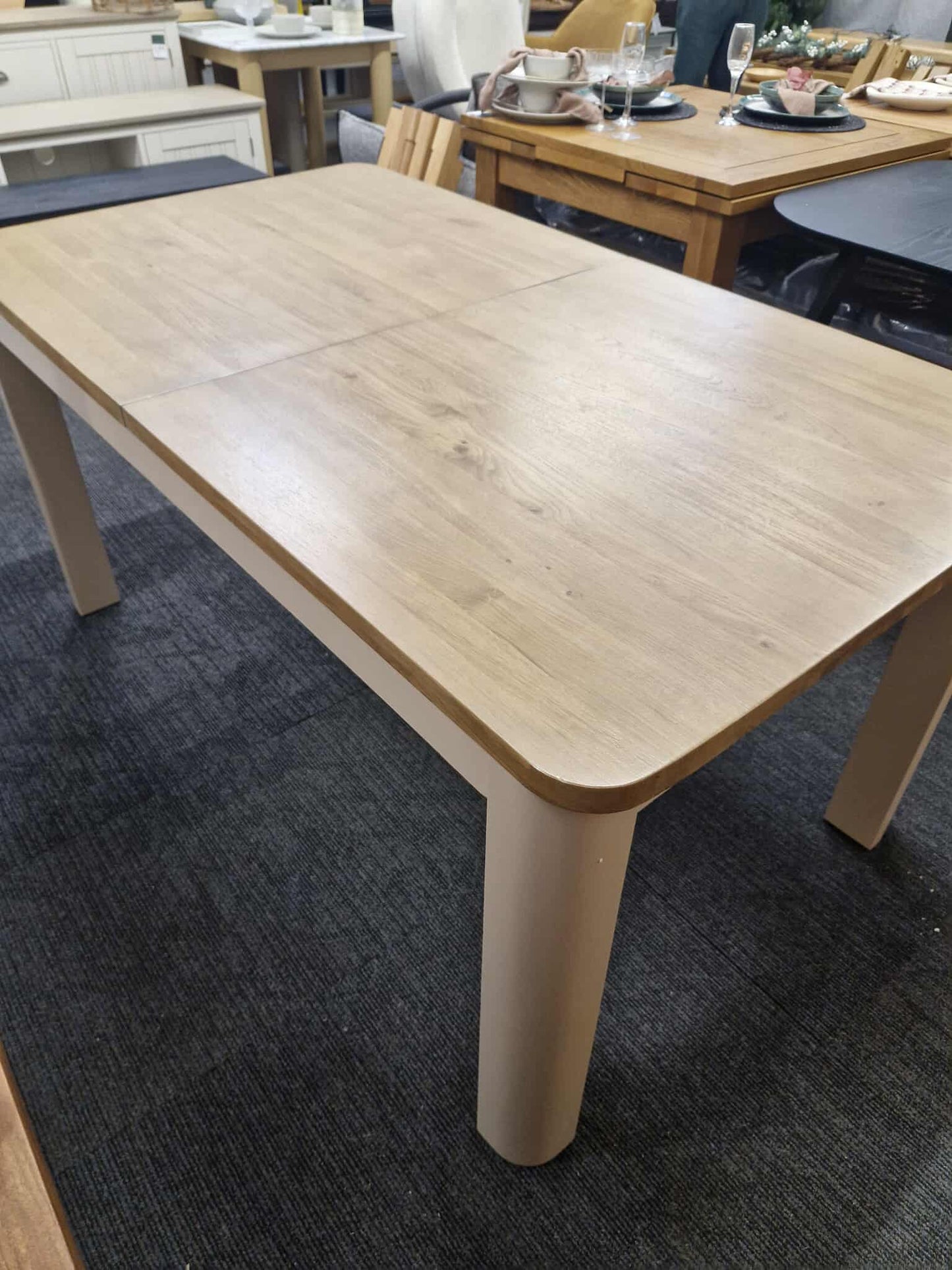 Extending Dining Table / Solid Wood- Smoked Oak and Stone Light Cream Painted / OAK FURNITURELAND OTTO