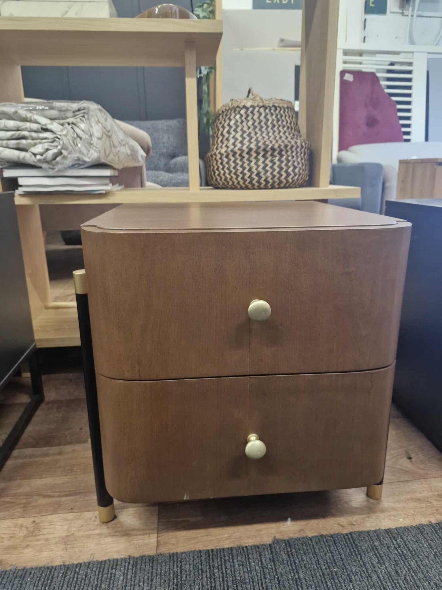 Walnut, Black and Gold Bedside Table with 2 drawers