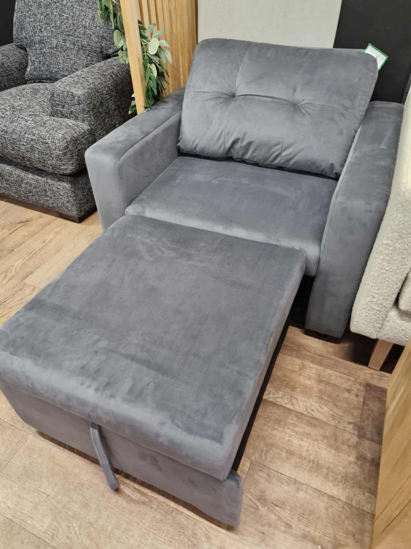 Grey Velvet Armchair with  pull out  leg rest