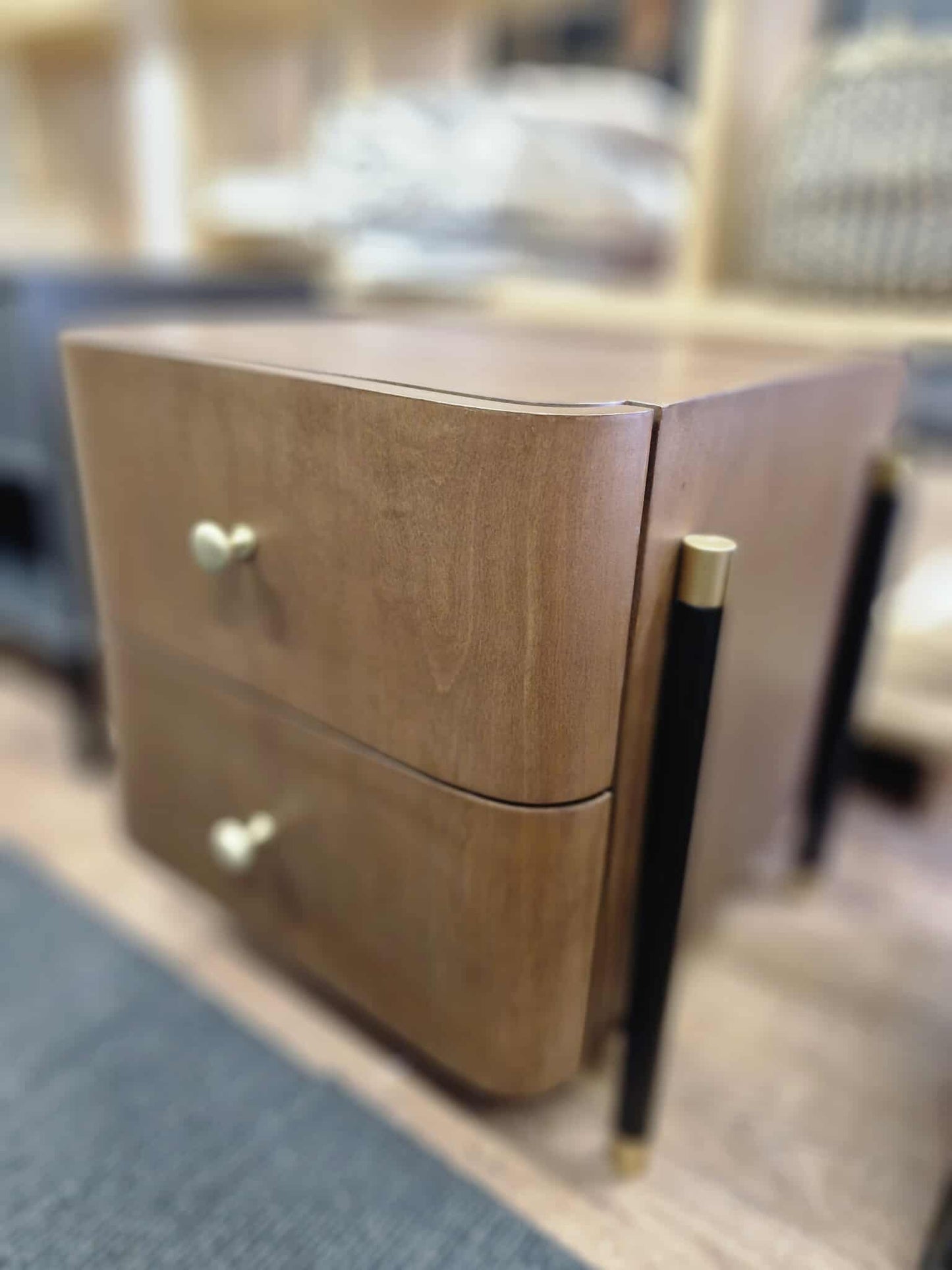 Walnut, Black and Gold Bedside Table with 2 drawers