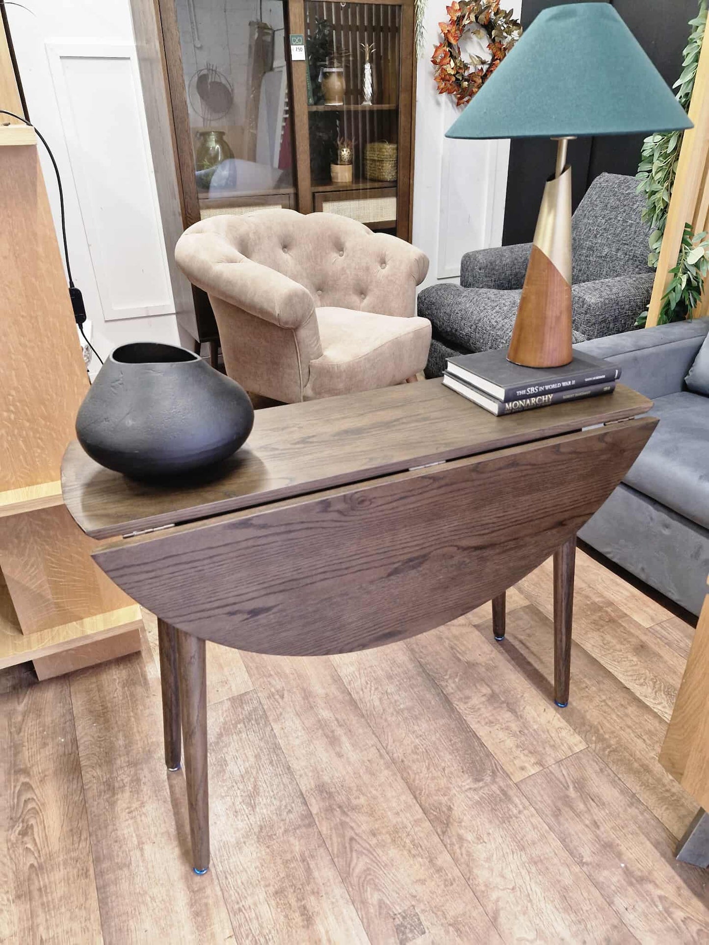 Folding Console - Round Dining Table Drop Leaf / Dark wood Walnut