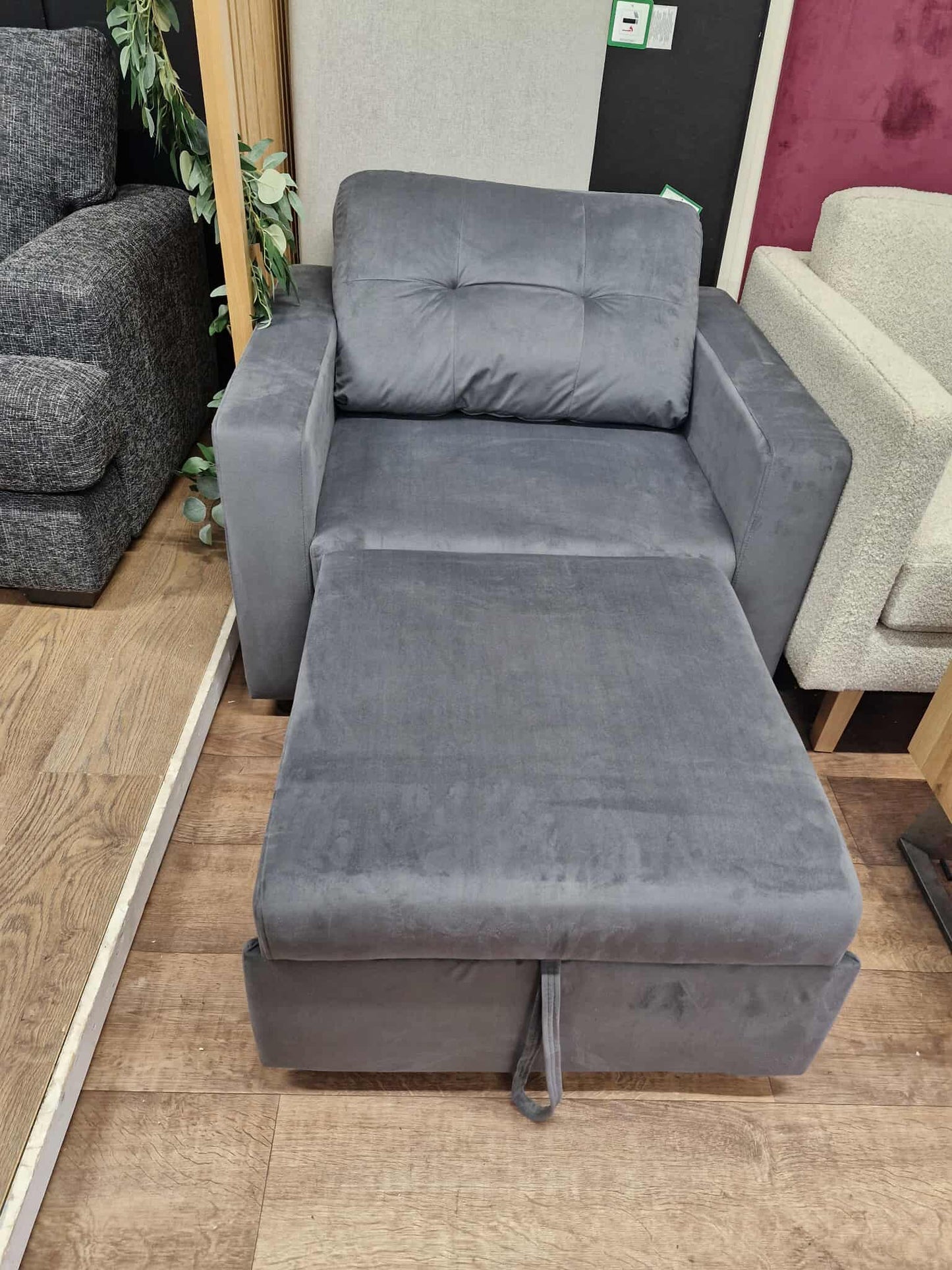 Grey Velvet Armchair with  pull out  leg rest
