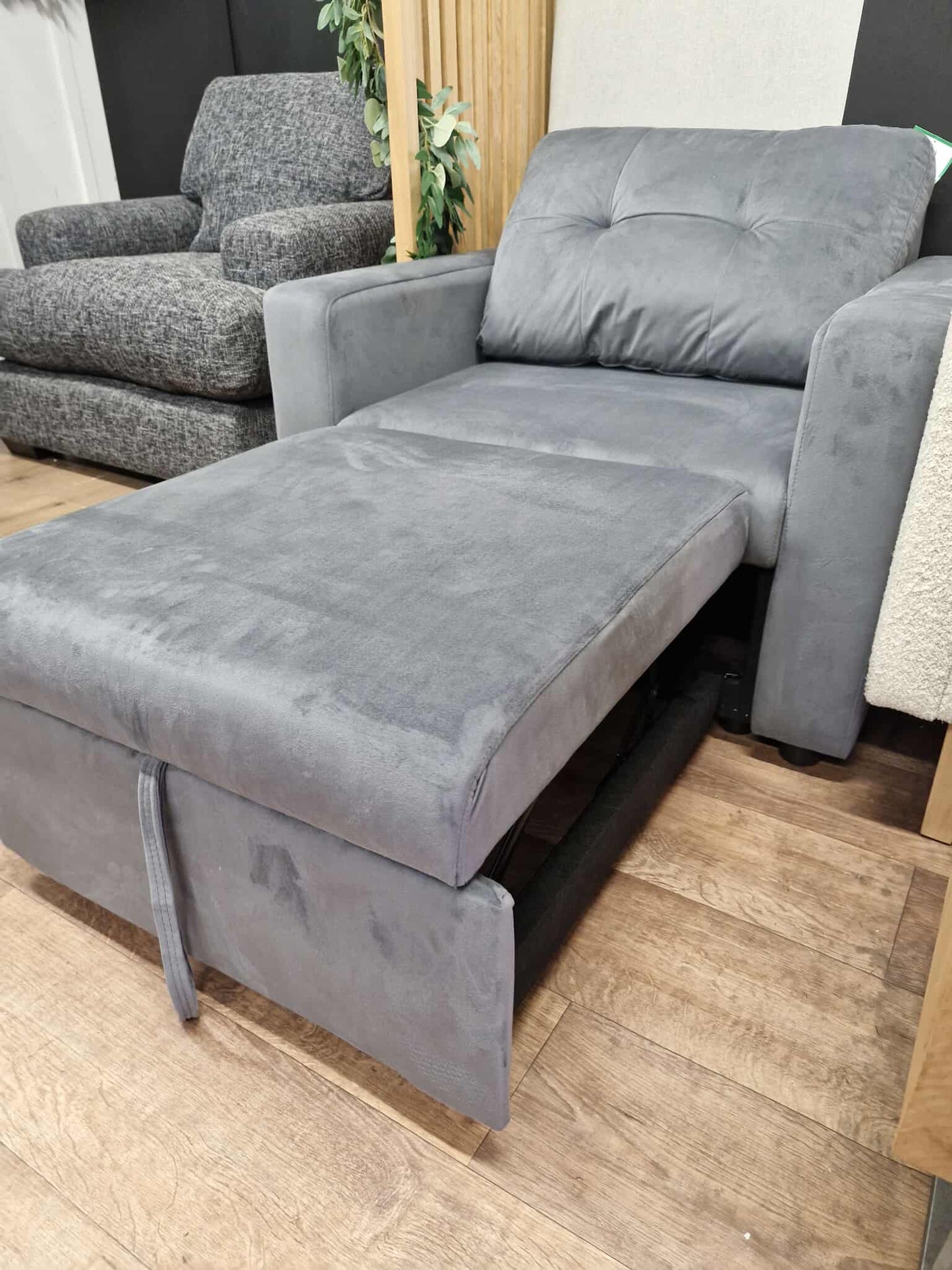Grey Velvet Armchair with  pull out  leg rest