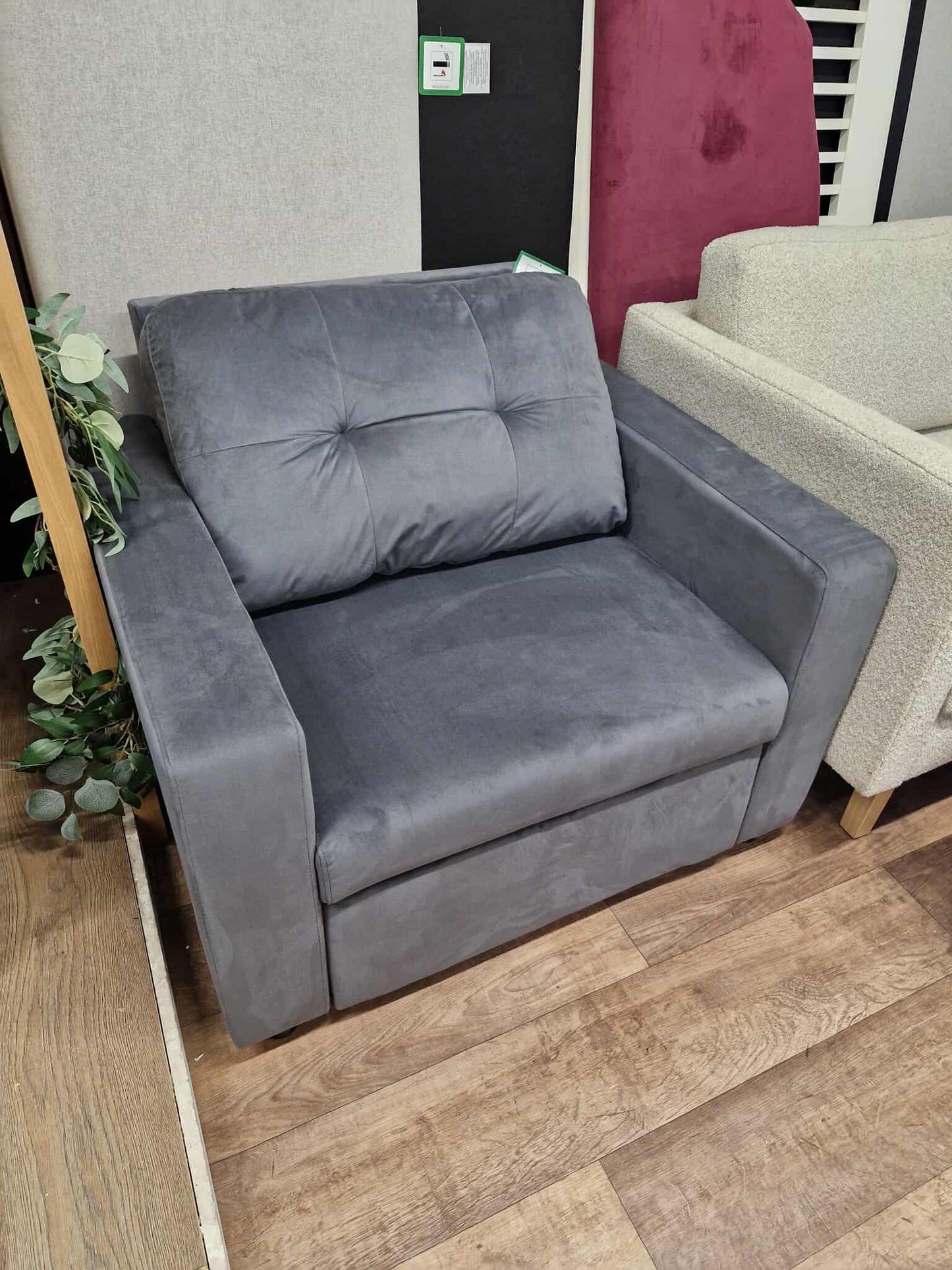 Grey Velvet Armchair with  pull out  leg rest
