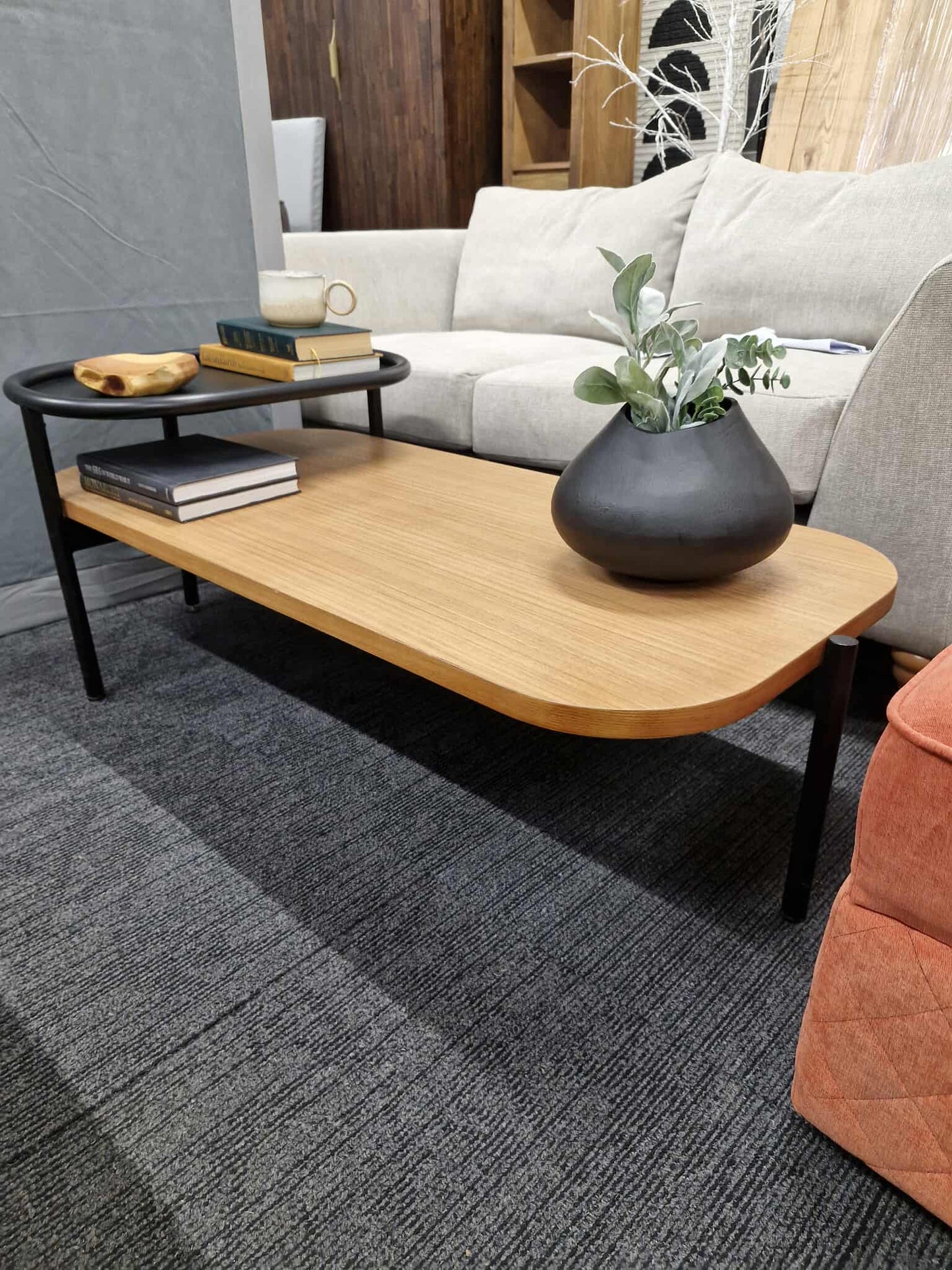 Coffee table wood and Black Metal Tray/  2 tier