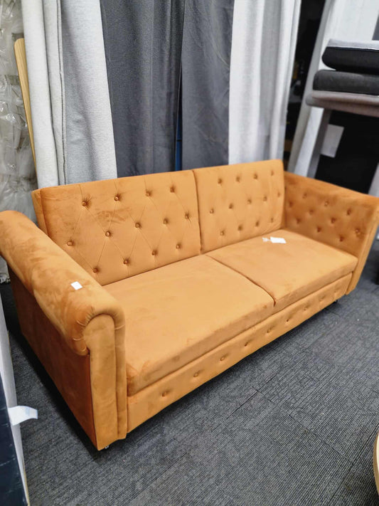 3 SEATER CHESTERFIELD STYLE VELVET SOFA BED IN ORANGE