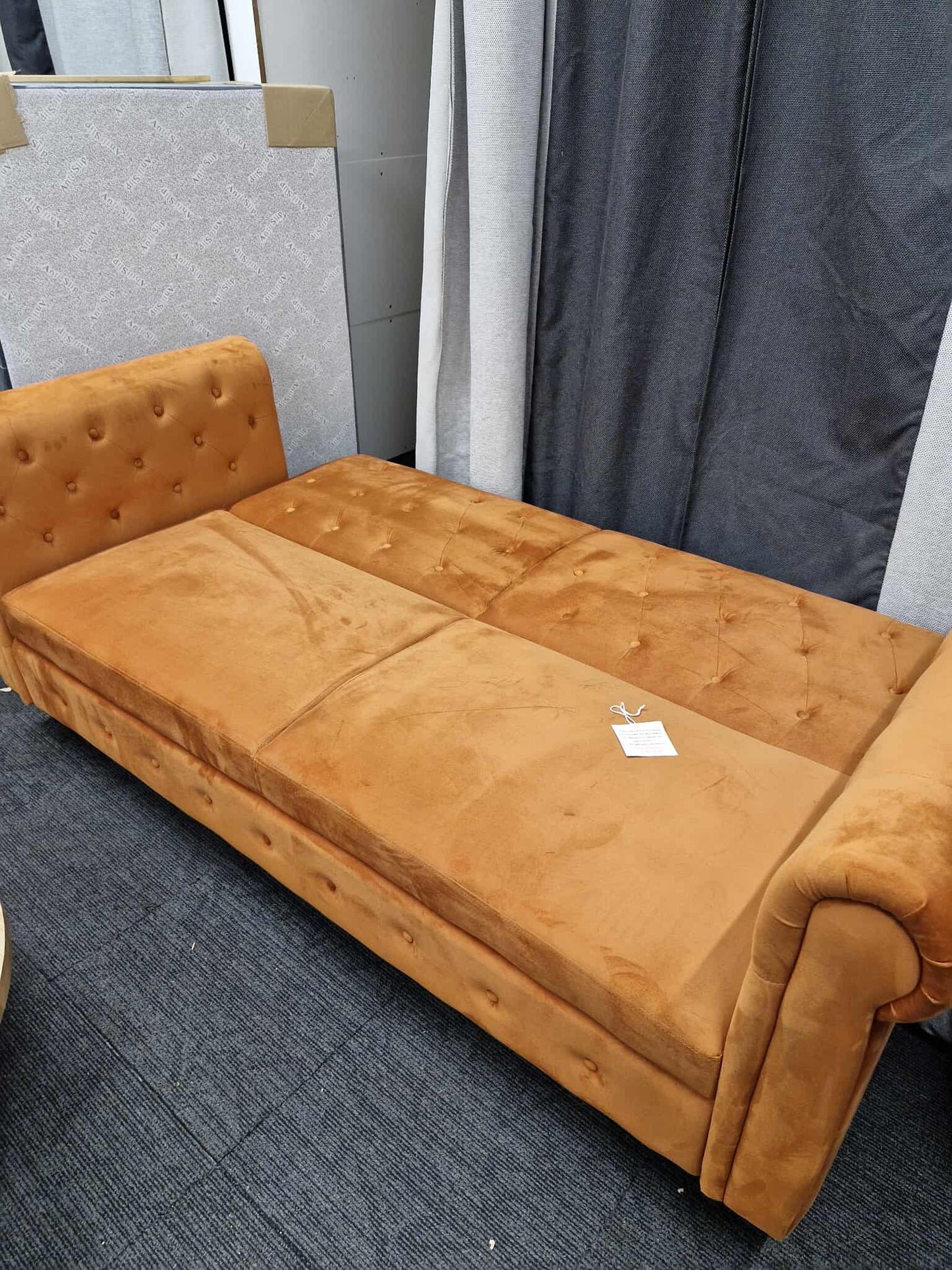 3 SEATER CHESTERFIELD STYLE VELVET SOFA BED IN ORANGE