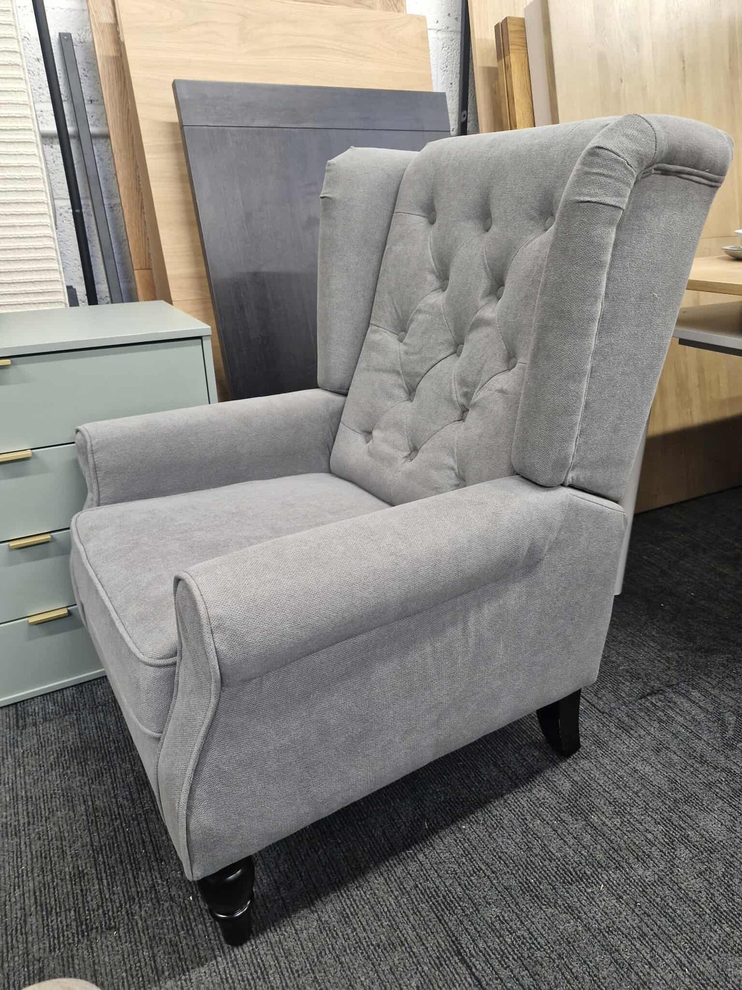 Grey Wingback Armchair with Button Tufted Back