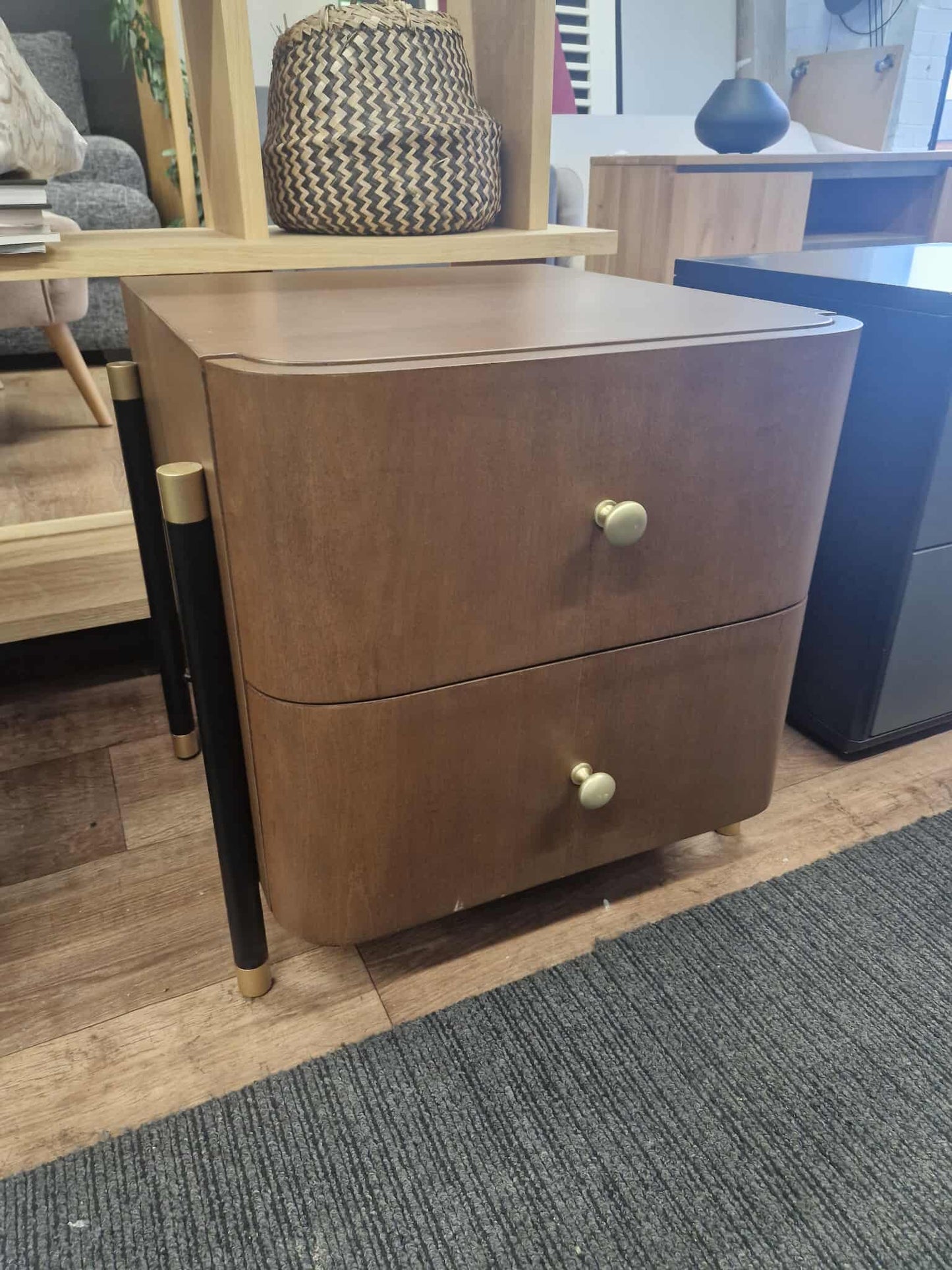 Walnut, Black and Gold Bedside Table with 2 drawers