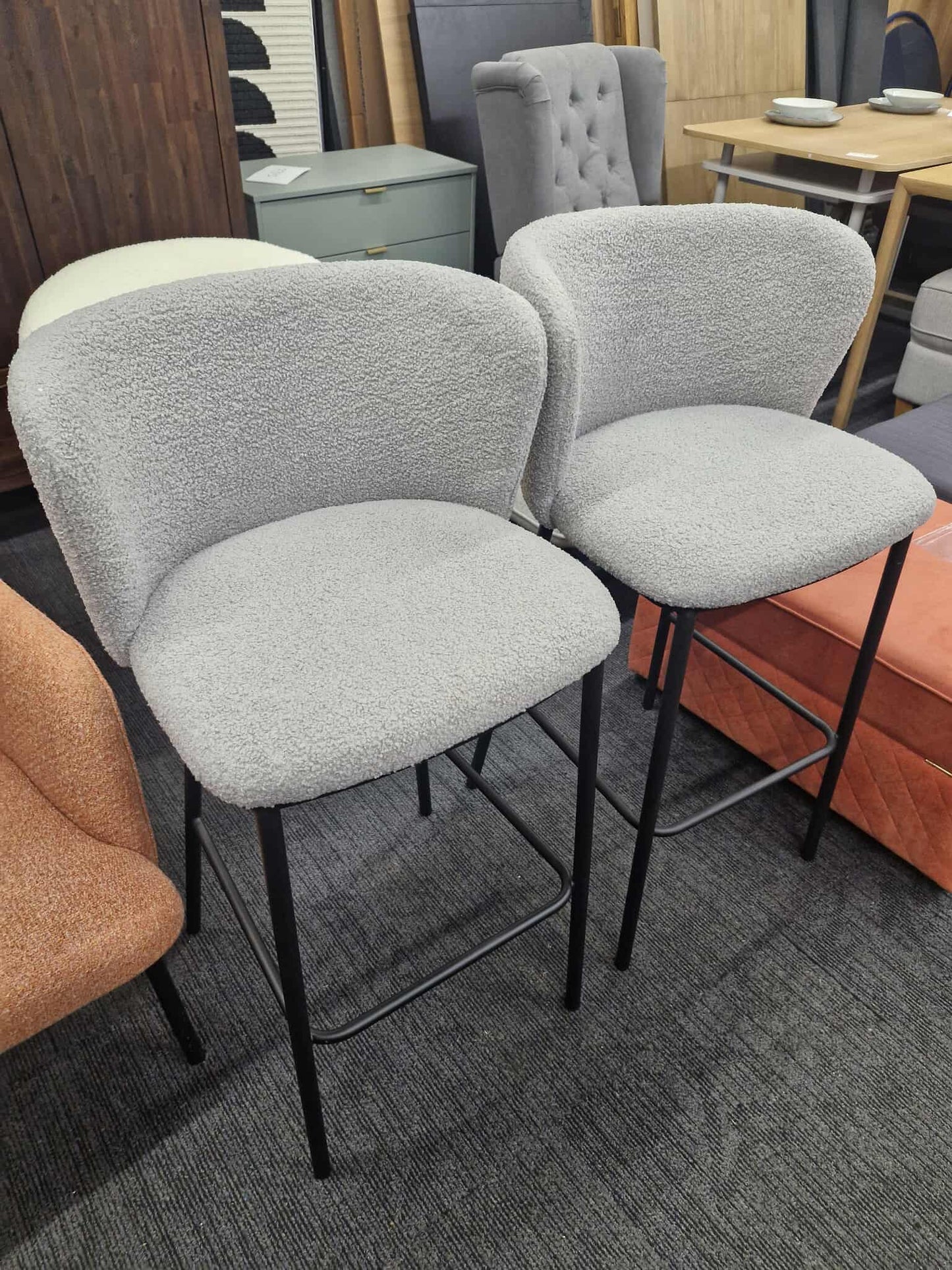 Kitchen Island Stools High Chairs / Sets of 2 / Grey Boucle and Black