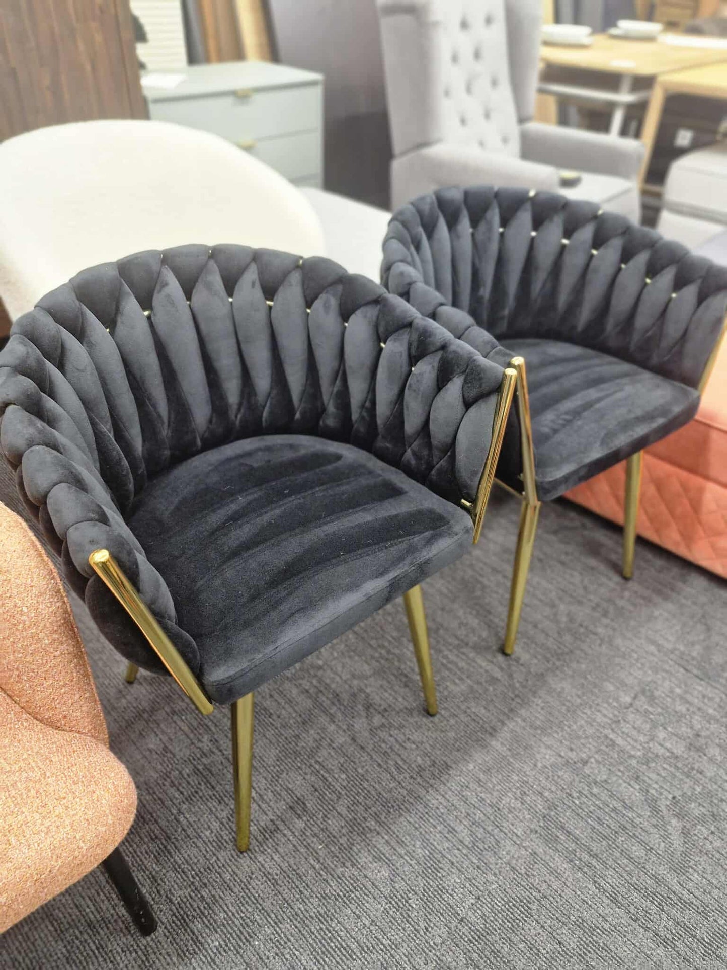 Black Velvet and Gold Dining Chairs / Set of 2