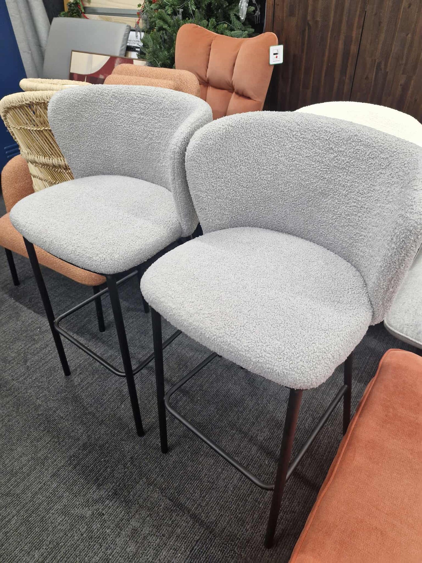 Kitchen Island Stools High Chairs / Sets of 2 / Grey Boucle and Black