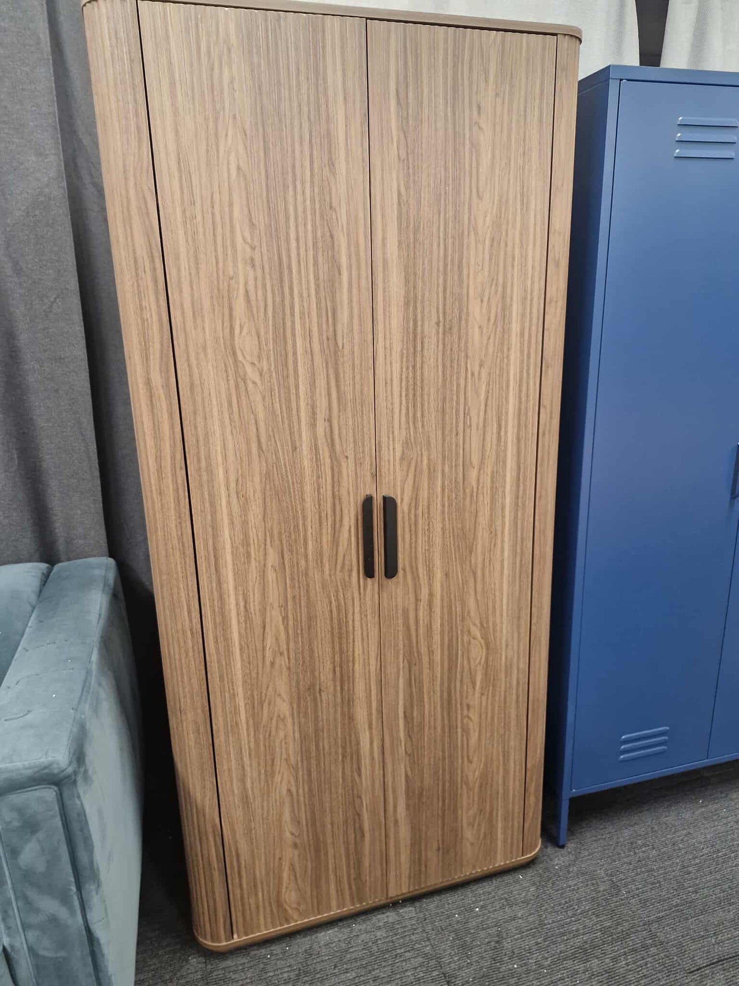 2 Door Ridged Dark Wood Wardrobe / Hanging Rail and Shelves