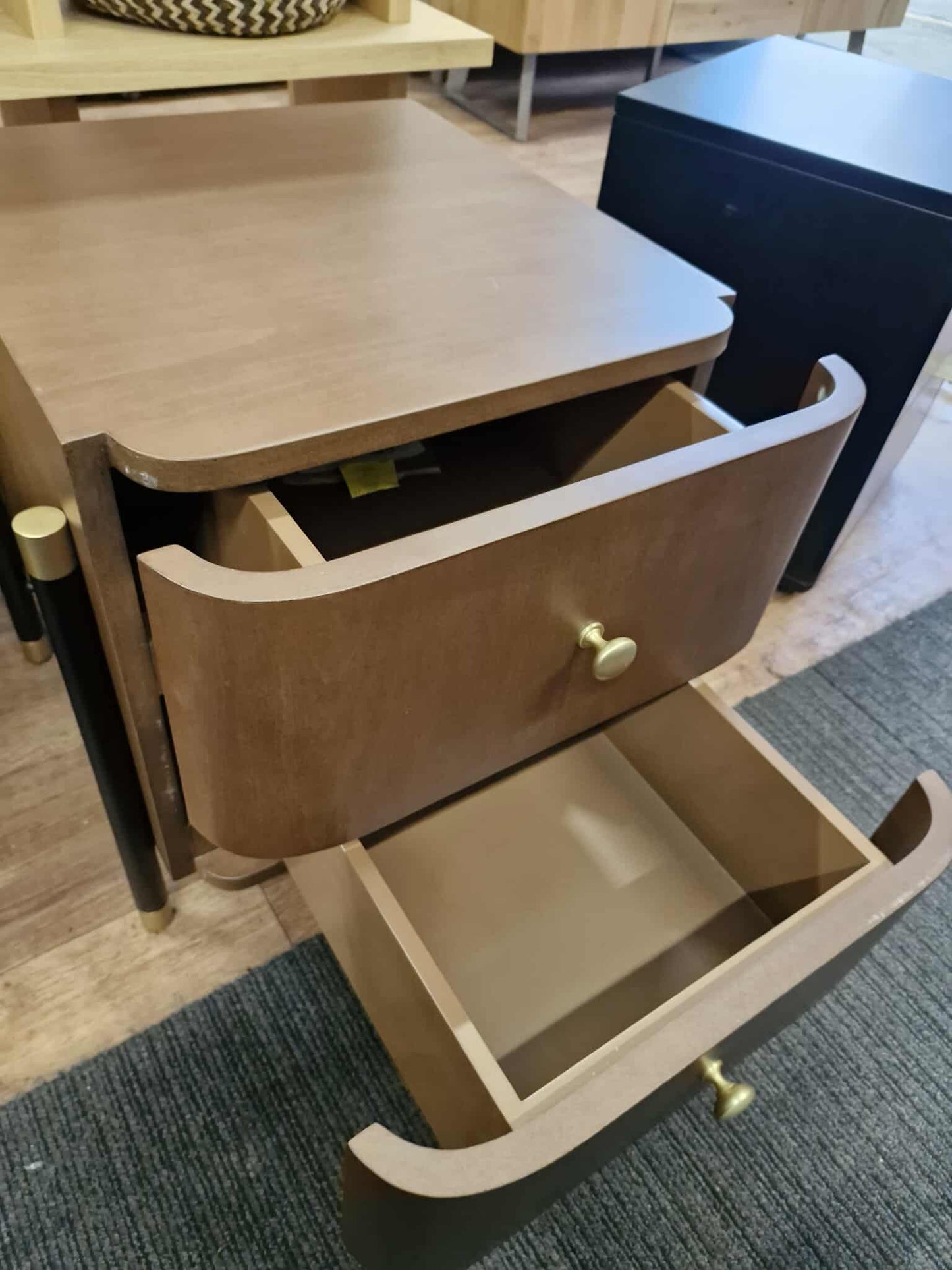 Walnut, Black and Gold Bedside Table with 2 drawers
