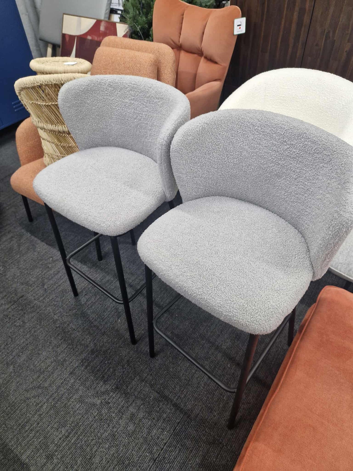 Kitchen Island Stools High Chairs / Sets of 2 / Grey Boucle and Black