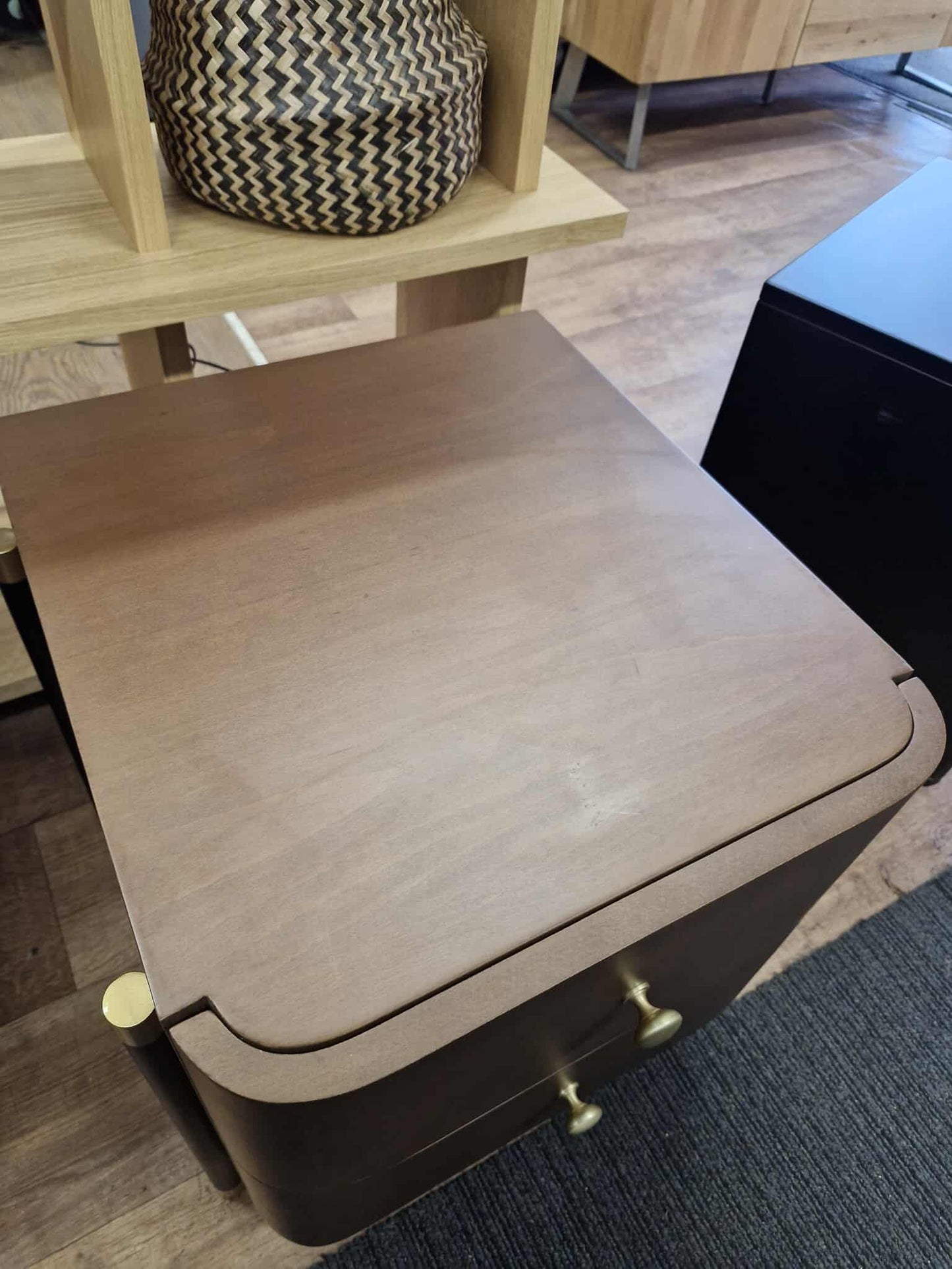 Walnut, Black and Gold Bedside Table with 2 drawers