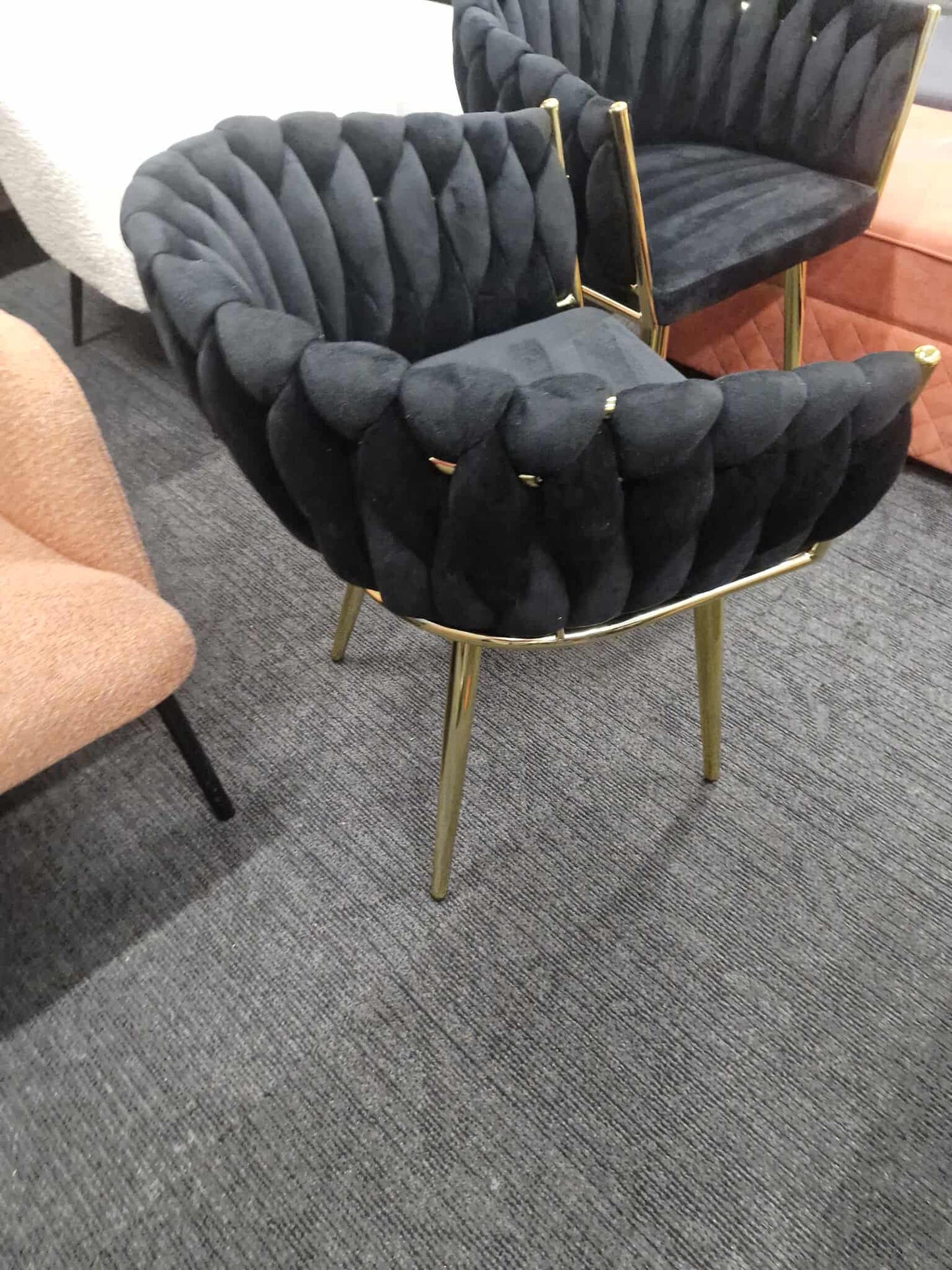 Black Velvet and Gold Dining Chairs / Set of 2