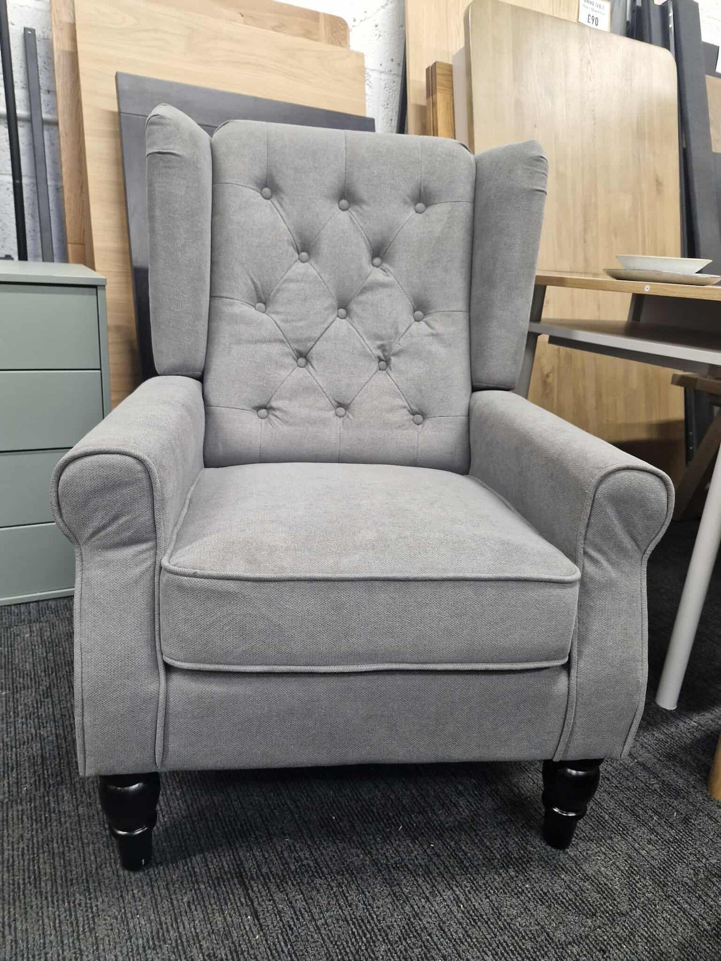 Grey Wingback Armchair with Button Tufted Back
