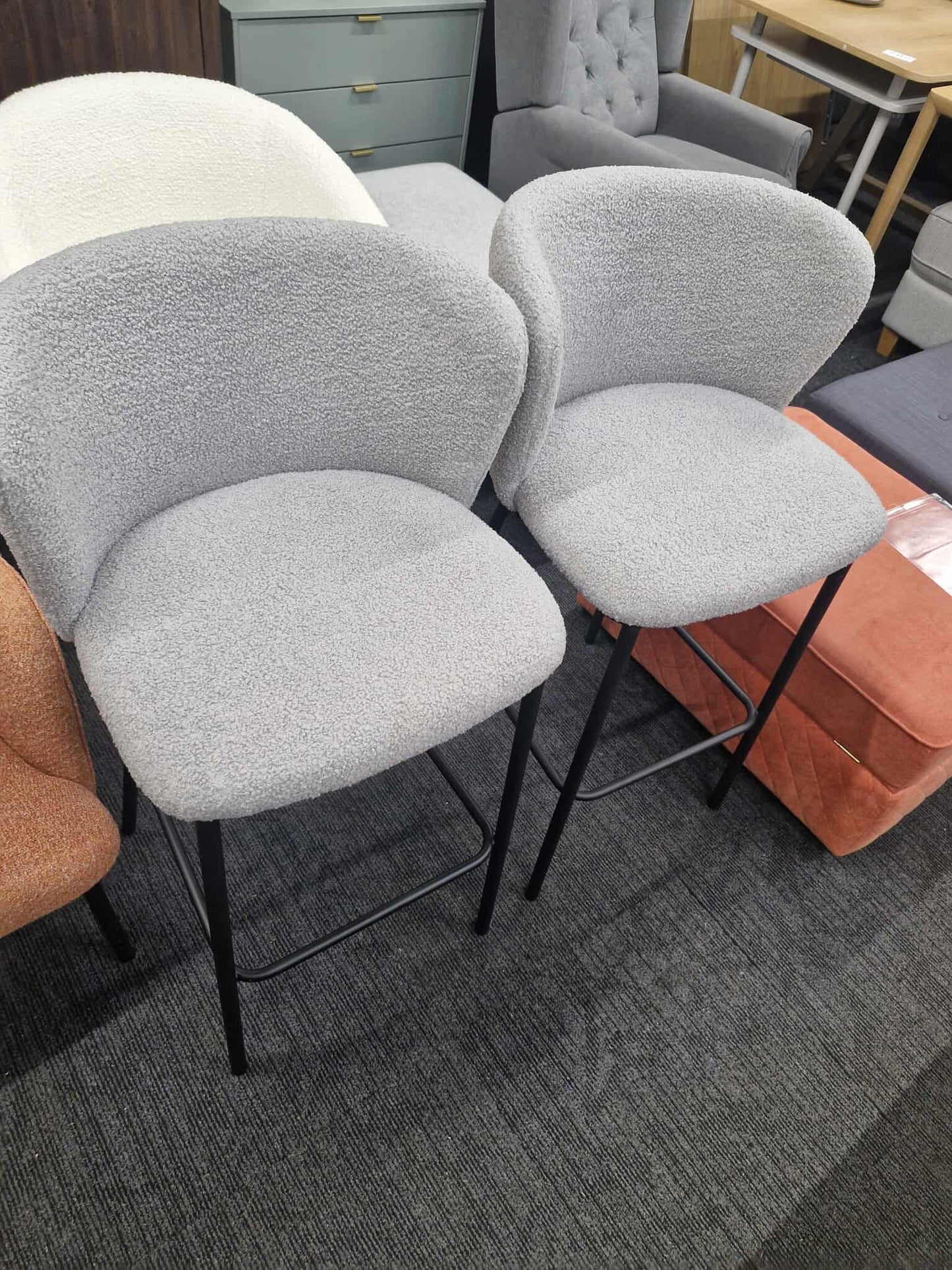 Kitchen Island Stools High Chairs / Sets of 2 / Grey Boucle and Black