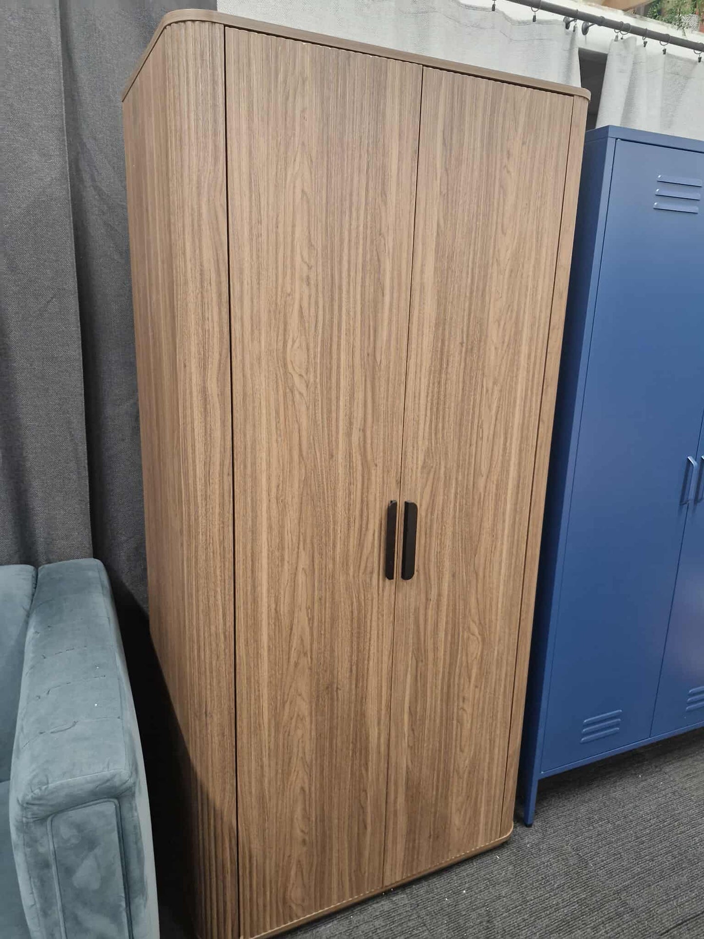 2 Door Ridged Dark Wood Wardrobe / Hanging Rail and Shelves