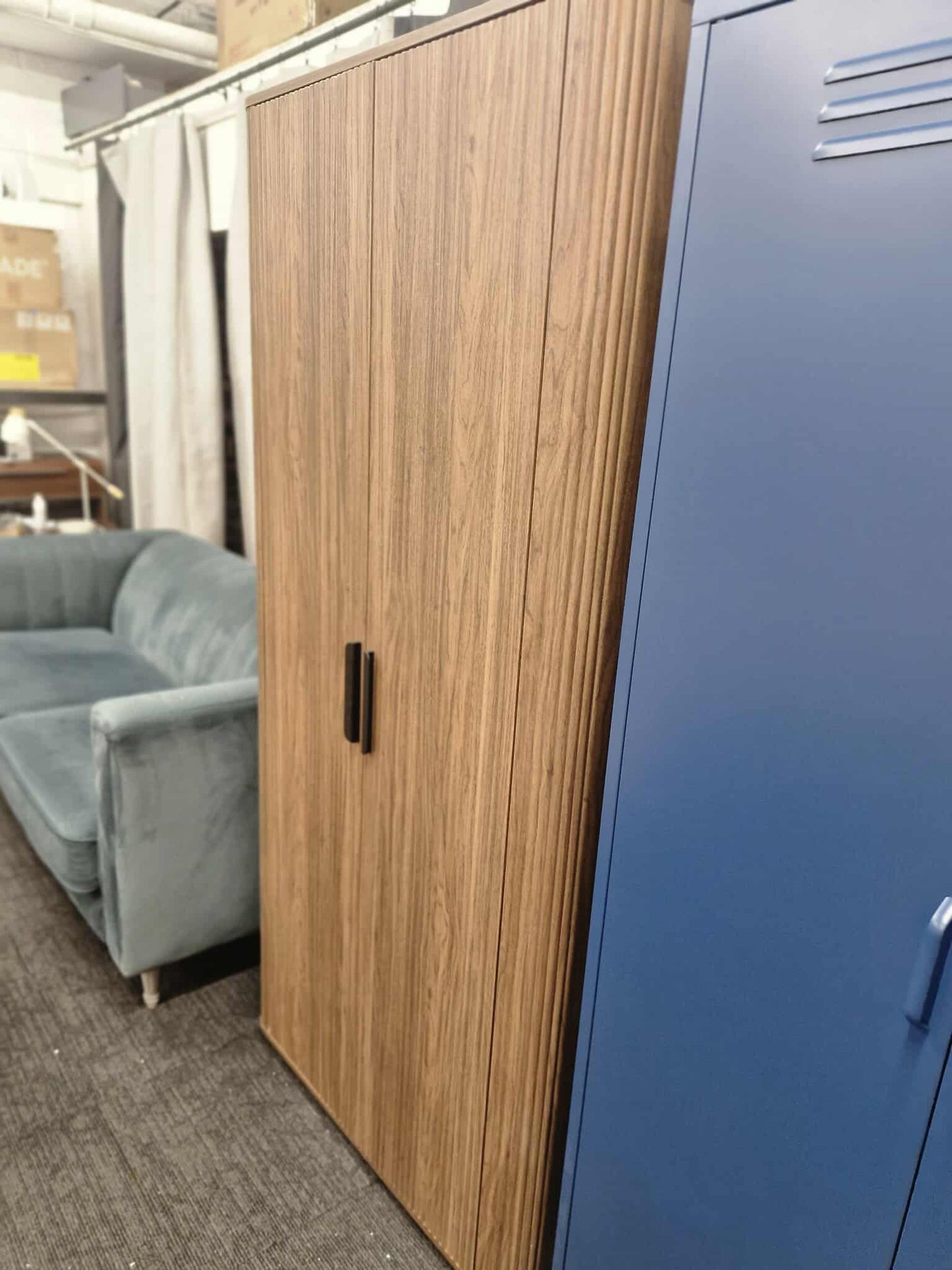 2 Door Ridged Dark Wood Wardrobe / Hanging Rail and Shelves