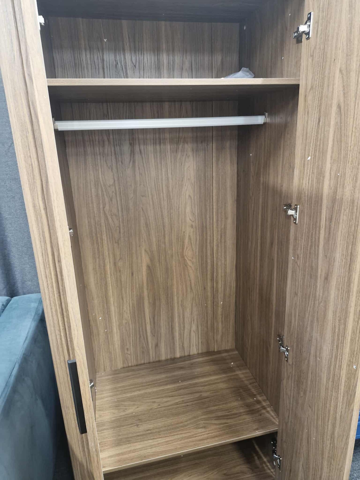 2 Door Ridged Dark Wood Wardrobe / Hanging Rail and Shelves