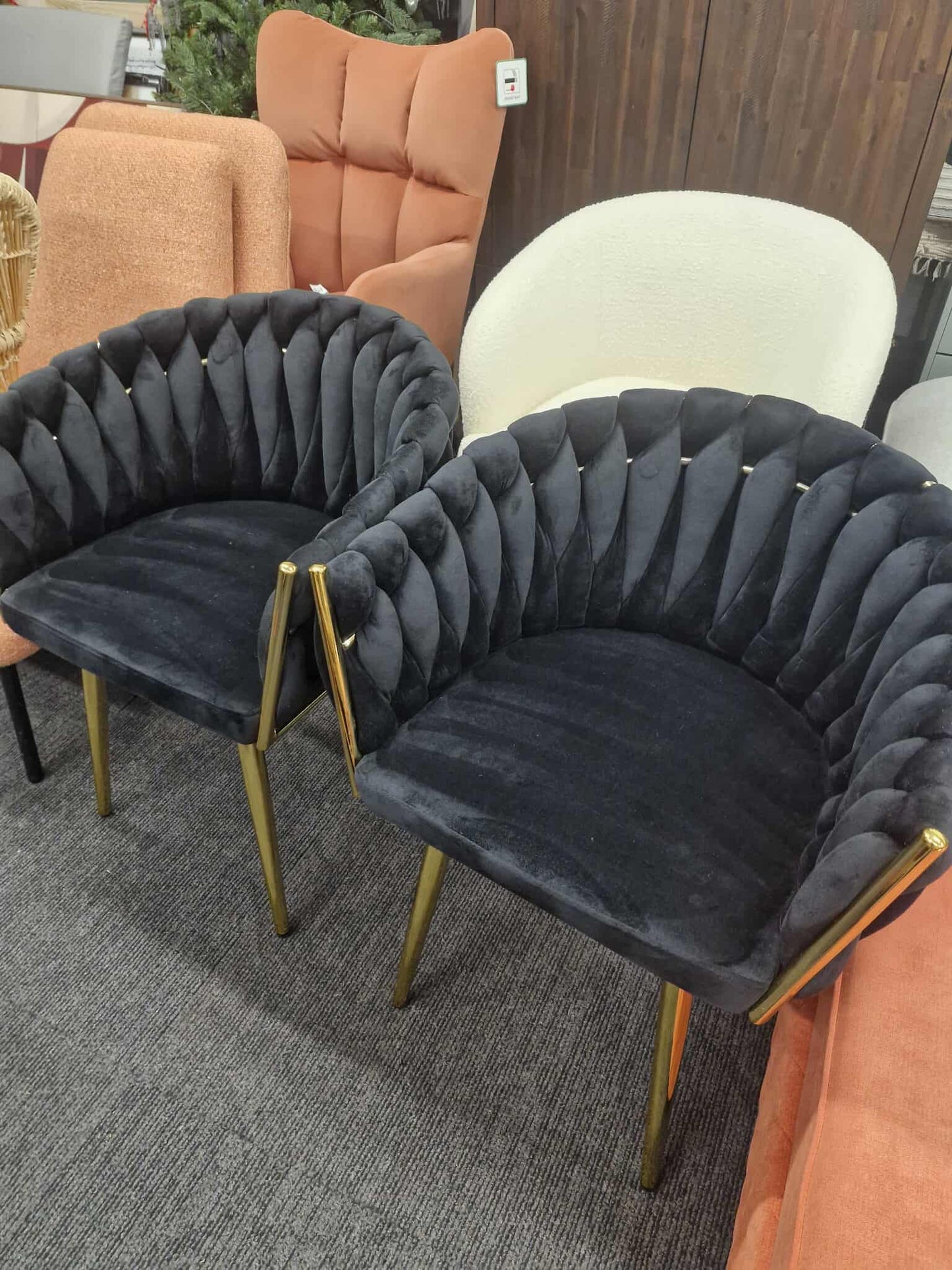 Black Velvet and Gold Dining Chairs / Set of 2