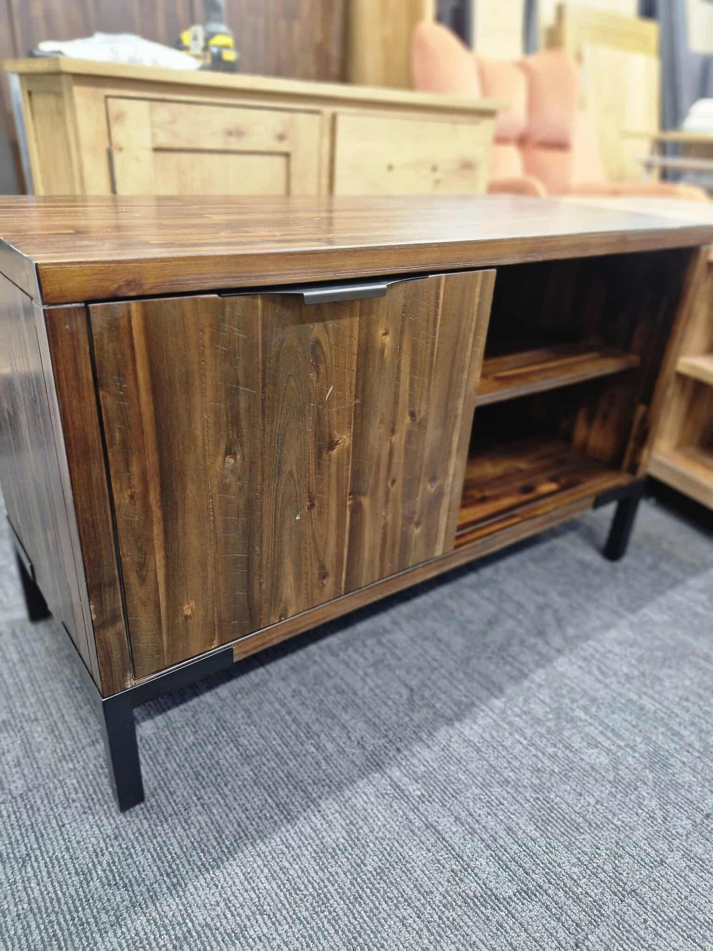 Small Solid Dark Wood and Black Metal TV Stand