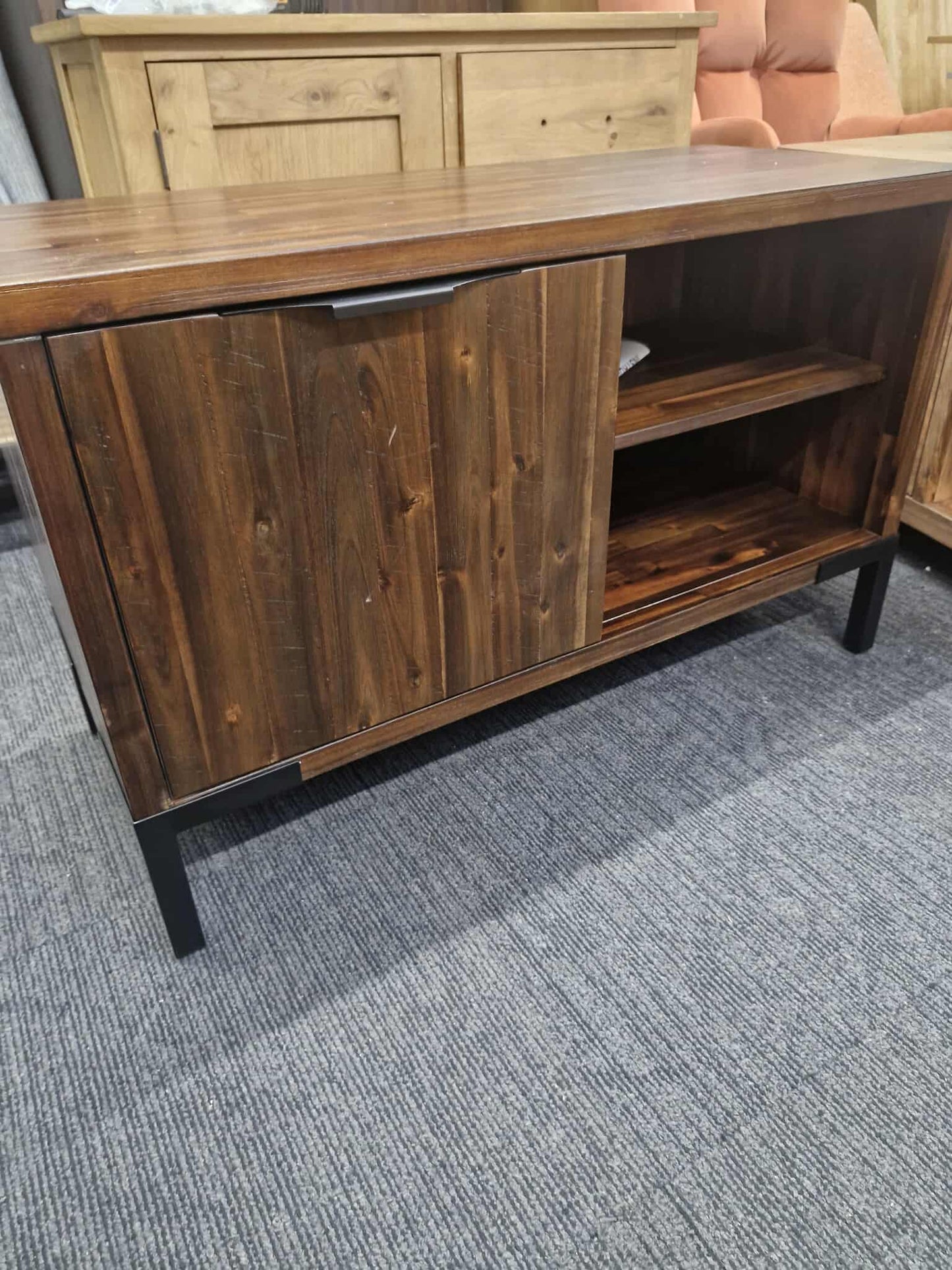 Small Solid Dark Wood and Black Metal TV Stand