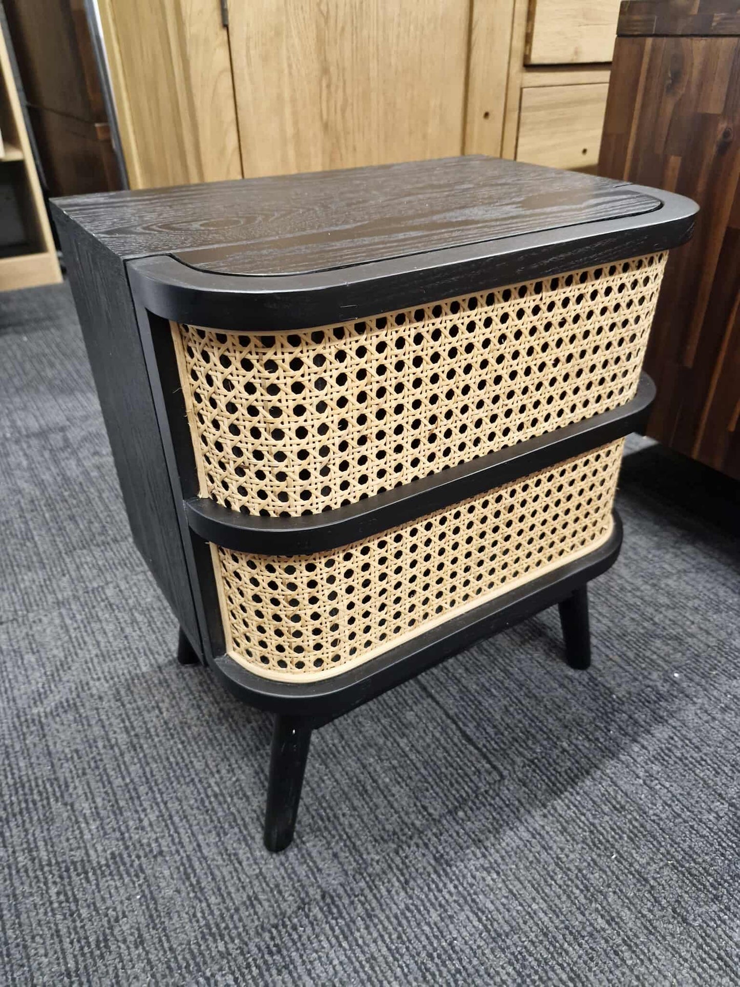 Rattan Cane and Black Bedside Table with 1 Drawer