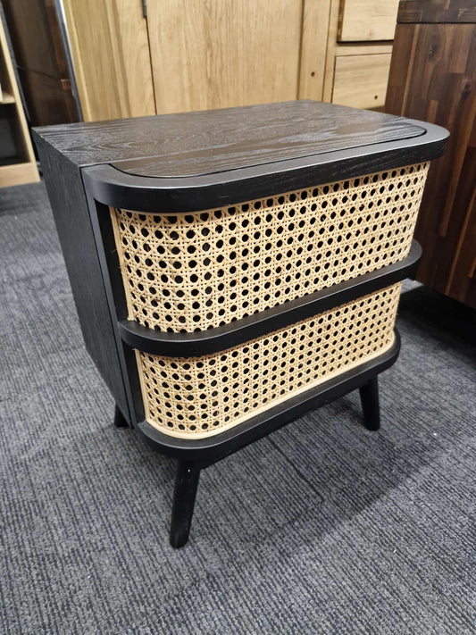 Rattan Cane and Black Bedside Table with 1 Drawer