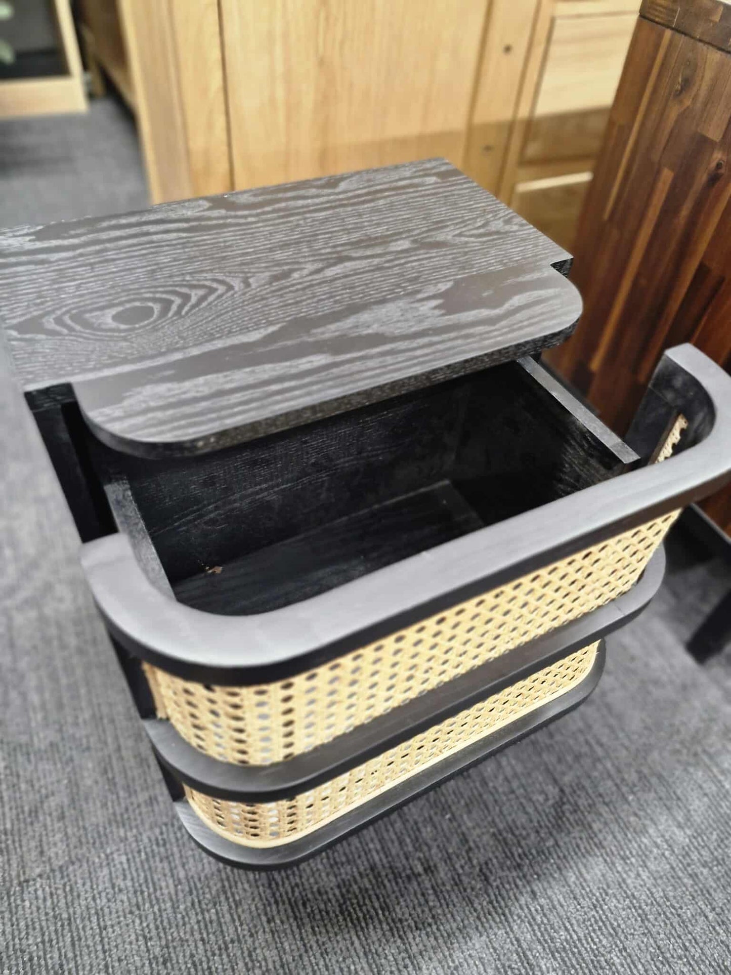 Rattan Cane and Black Bedside Table with 1 Drawer