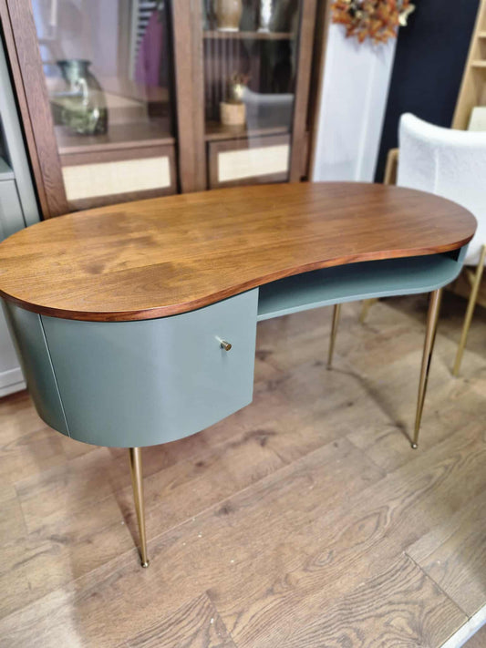 Vintage Style Walnut and Green Desk Organic Shape