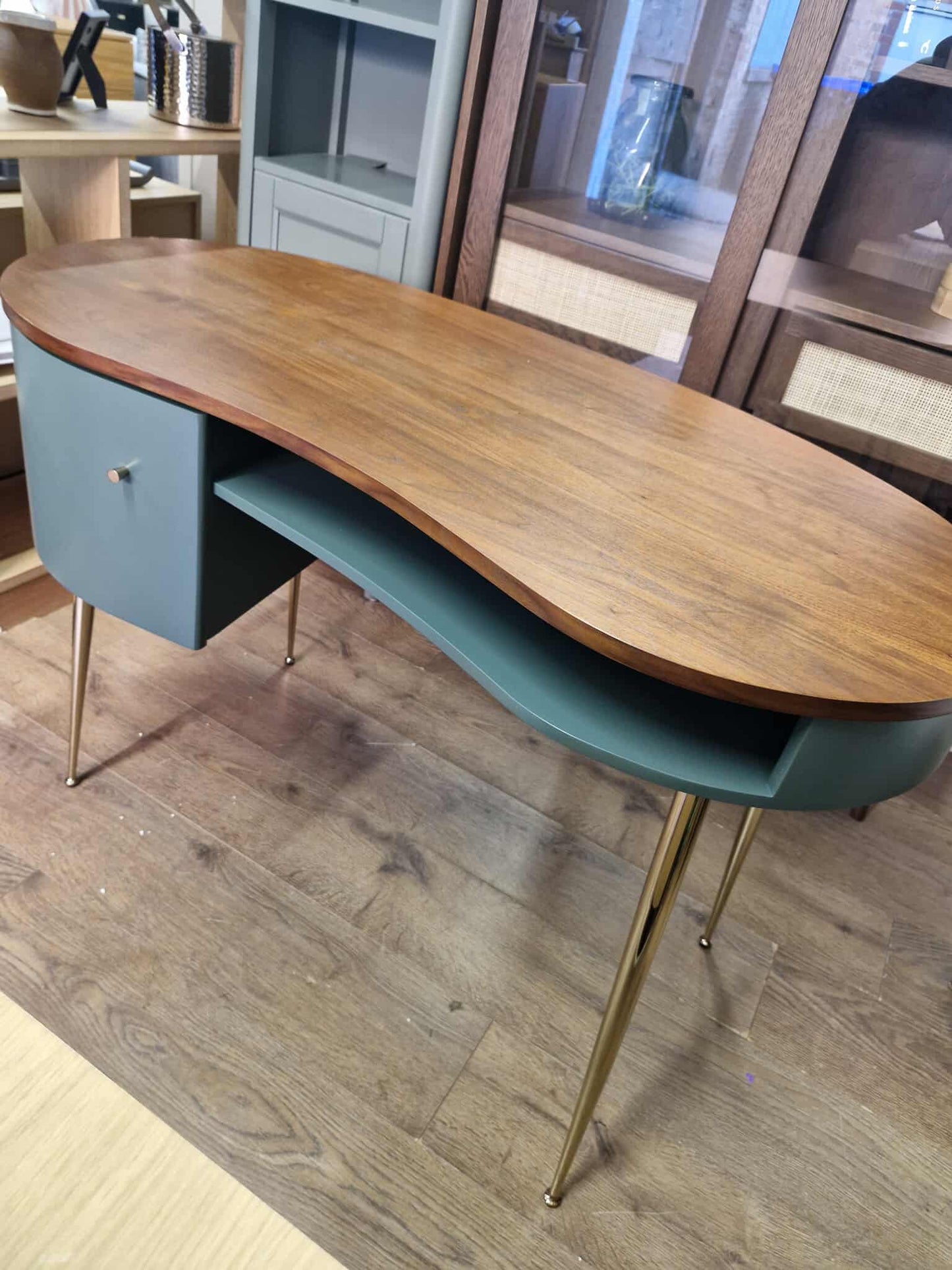 Vintage Style Walnut and Green Desk Organic Shape
