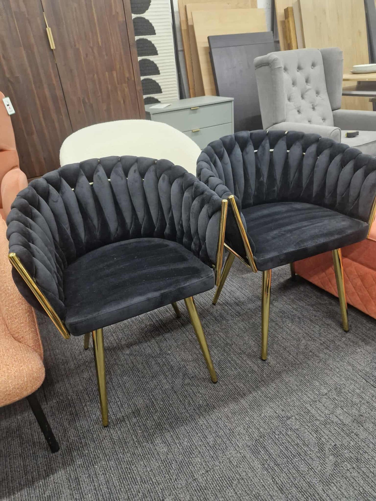 Black Velvet and Gold Dining Chairs / Set of 2