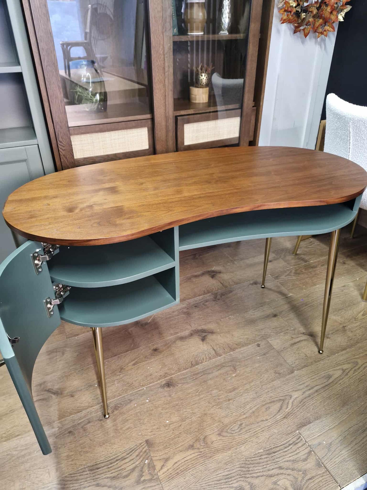 Vintage Style Walnut and Green Desk Organic Shape