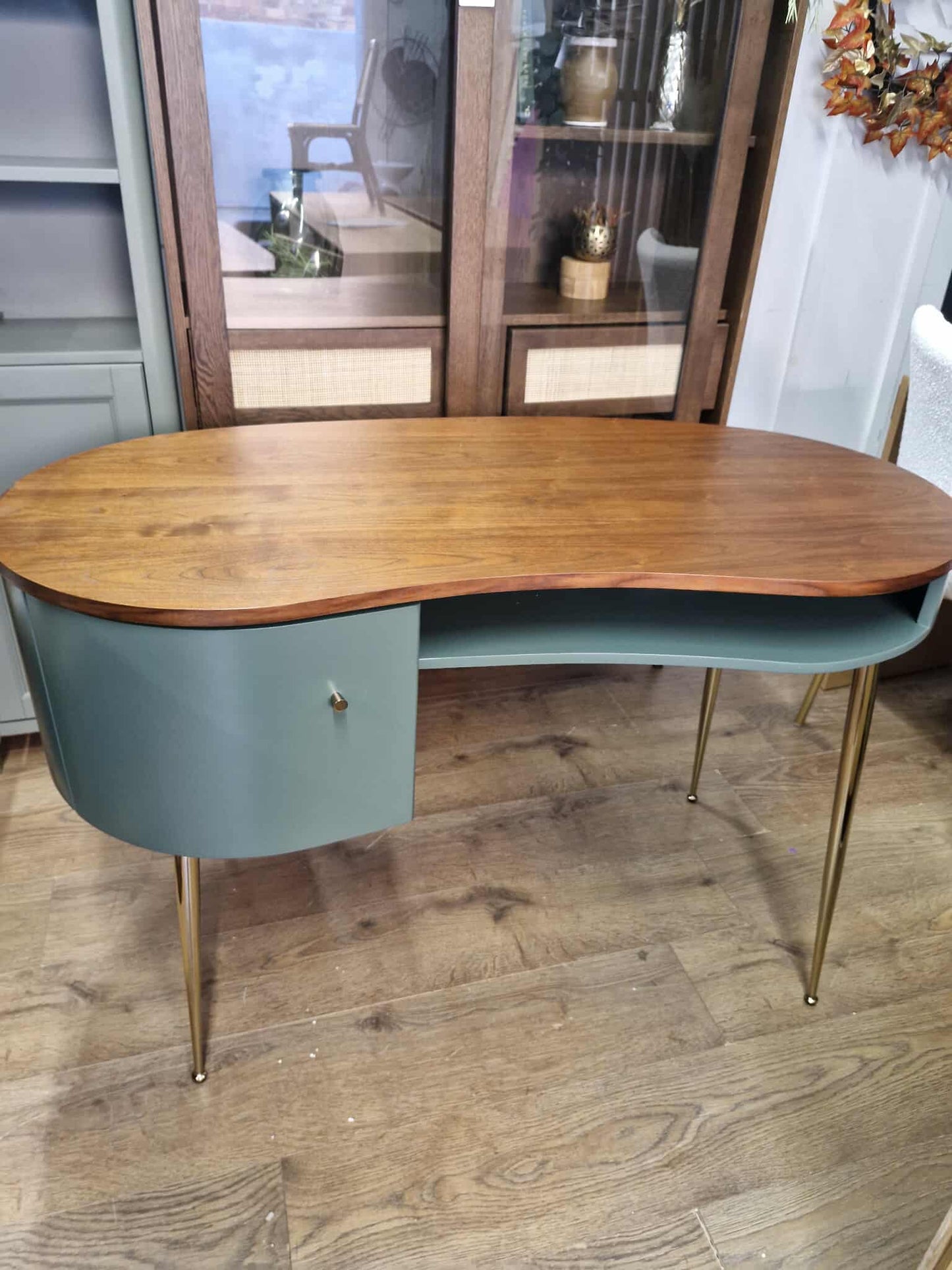 Vintage Style Walnut and Green Desk Organic Shape