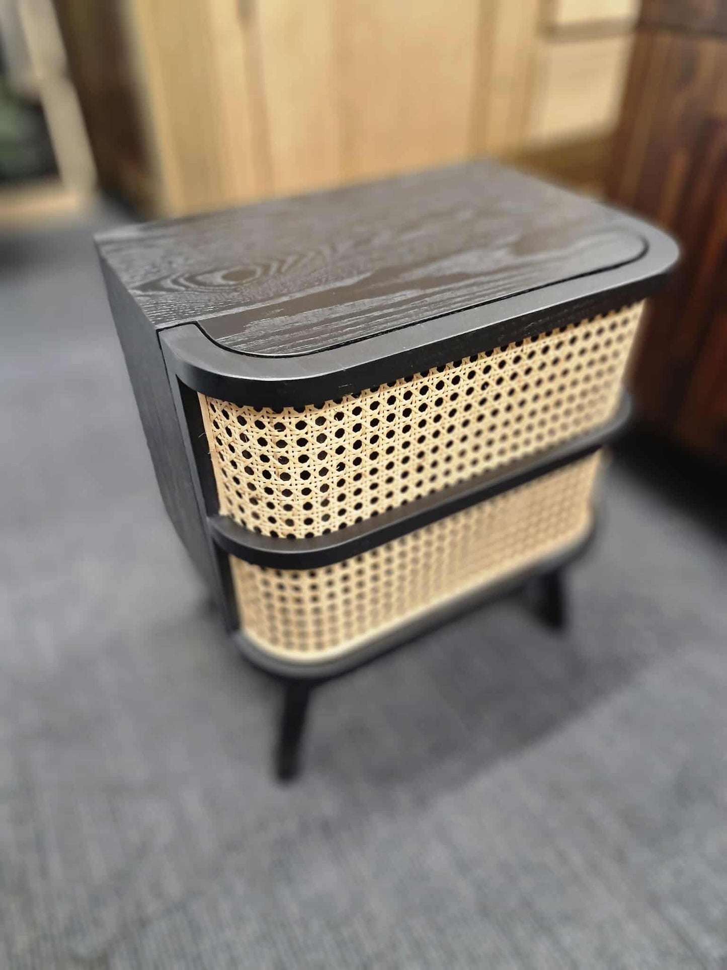 Rattan Cane and Black Bedside Table with 1 Drawer