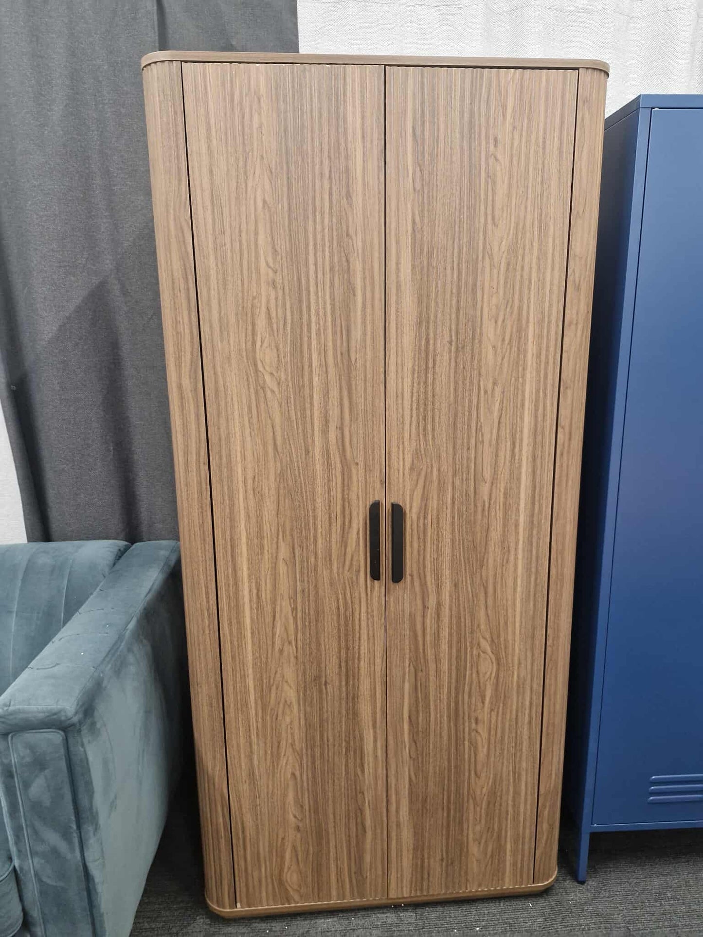 2 Door Ridged Dark Wood Wardrobe / Hanging Rail and Shelves