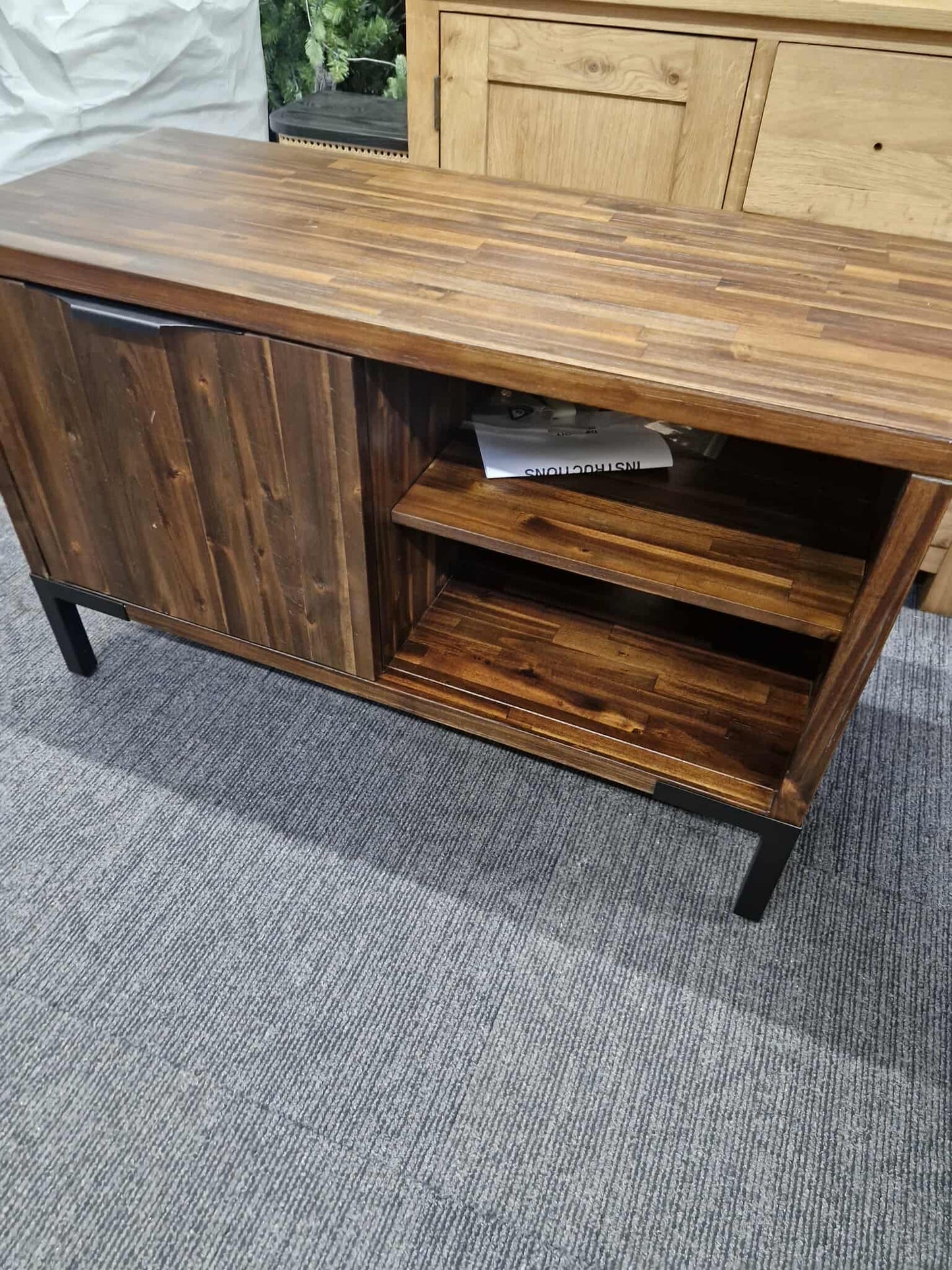 Small Solid Dark Wood and Black Metal TV Stand