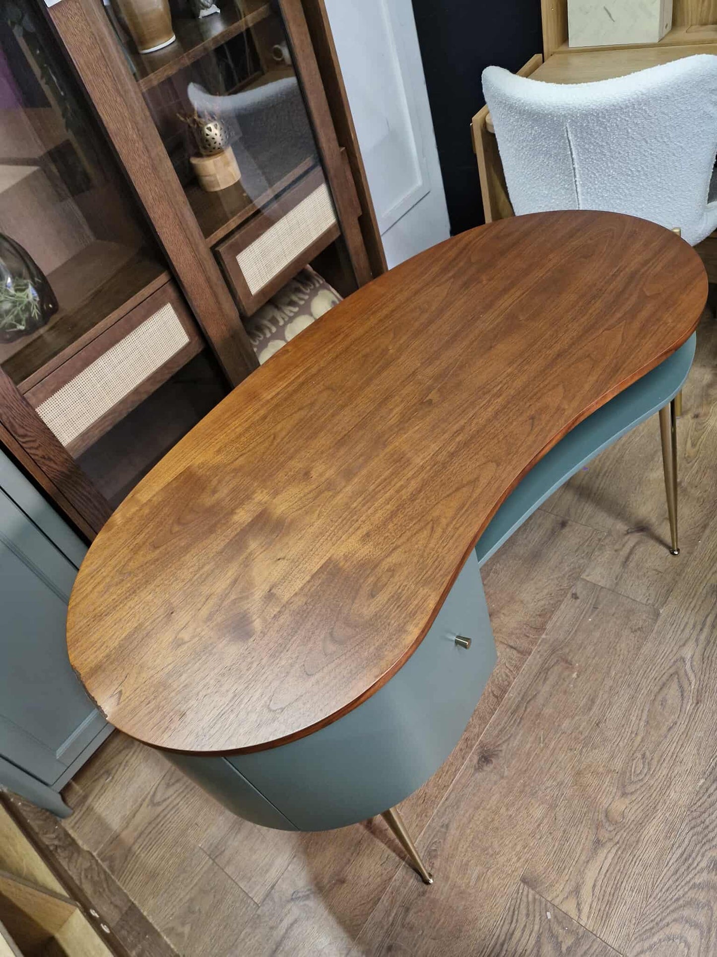 Vintage Style Walnut and Green Desk Organic Shape