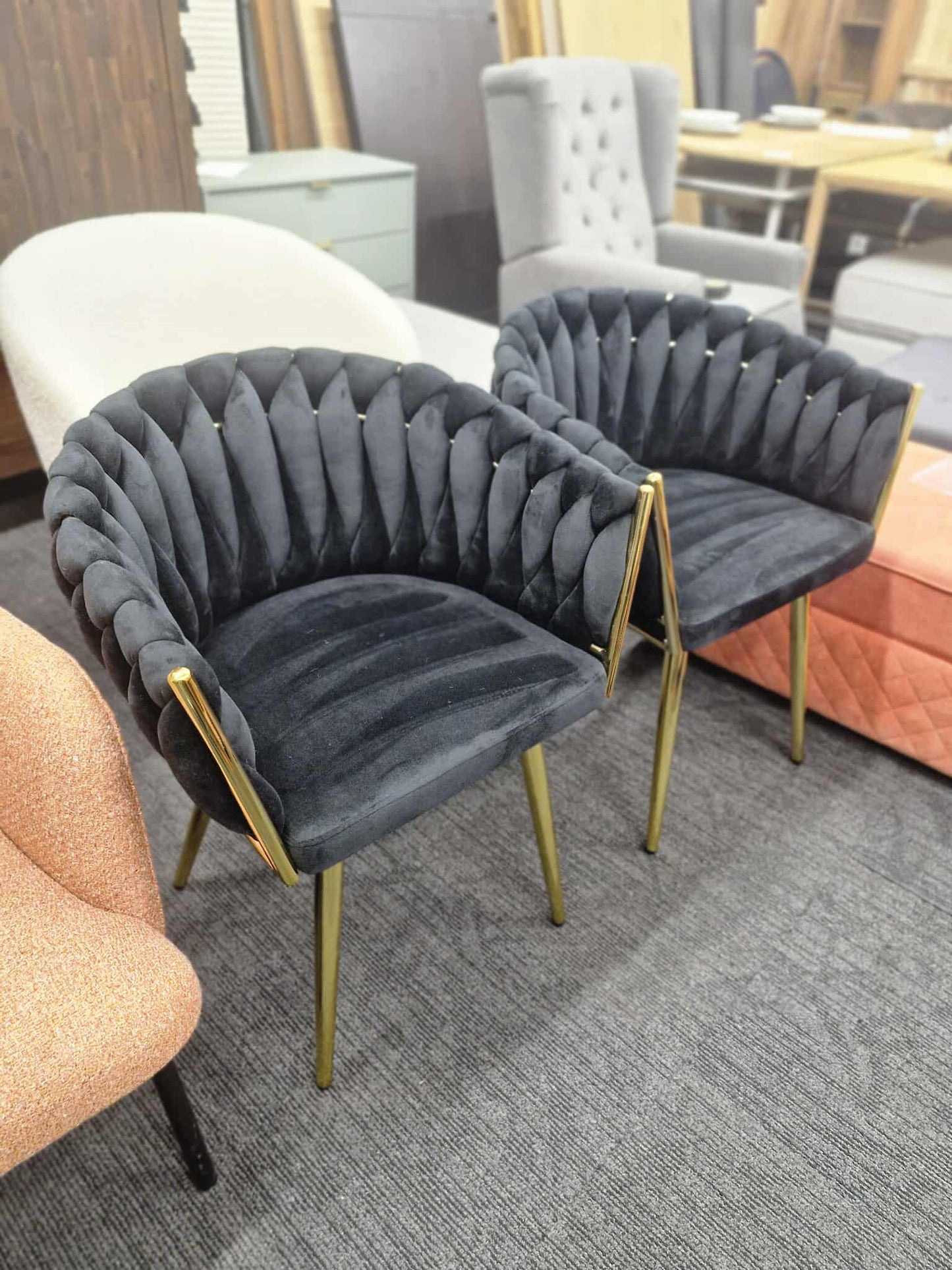 Black Velvet and Gold Dining Chairs / Set of 2