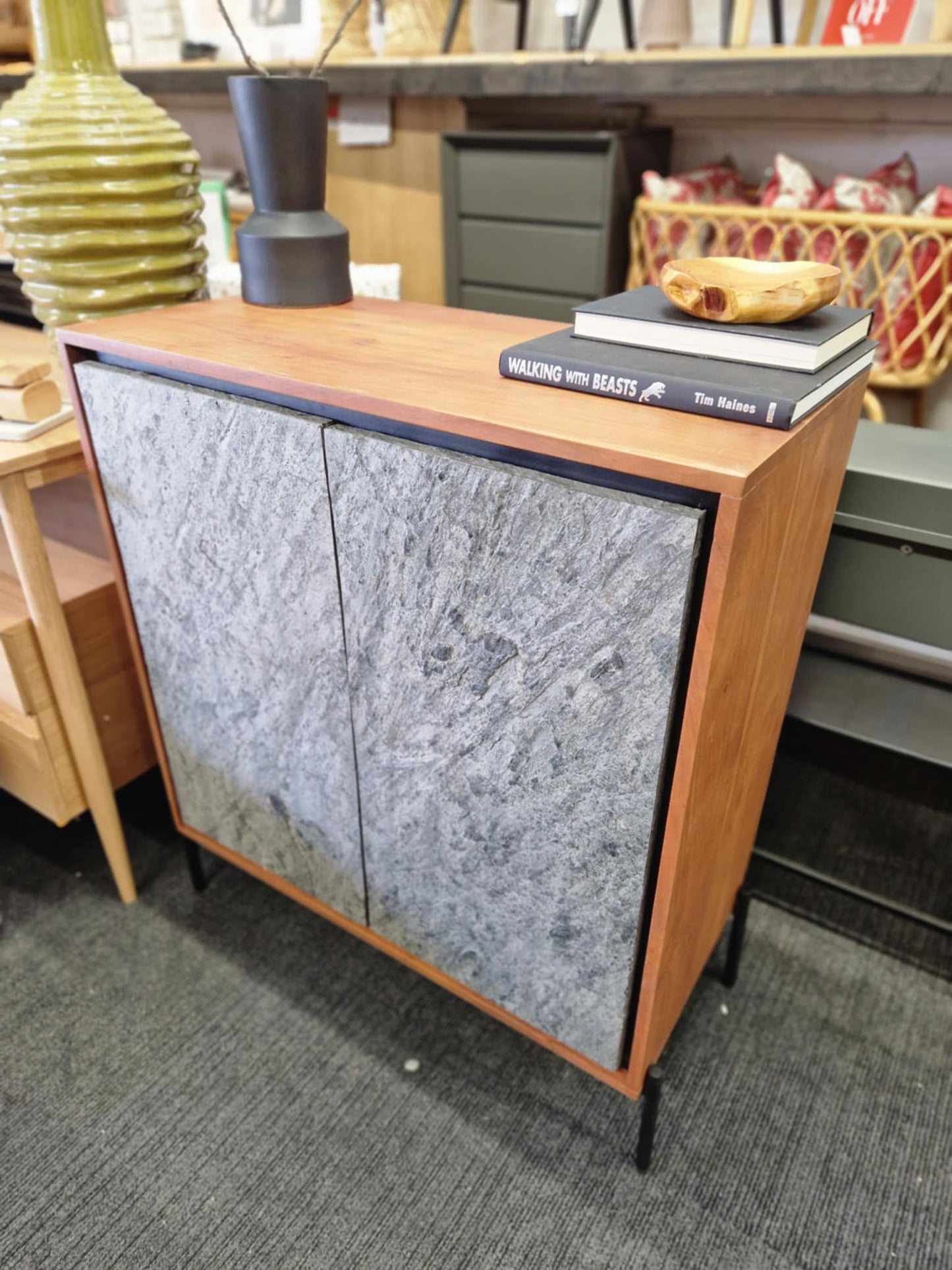 Stone and Solid Acacia Wood Small Cabinet