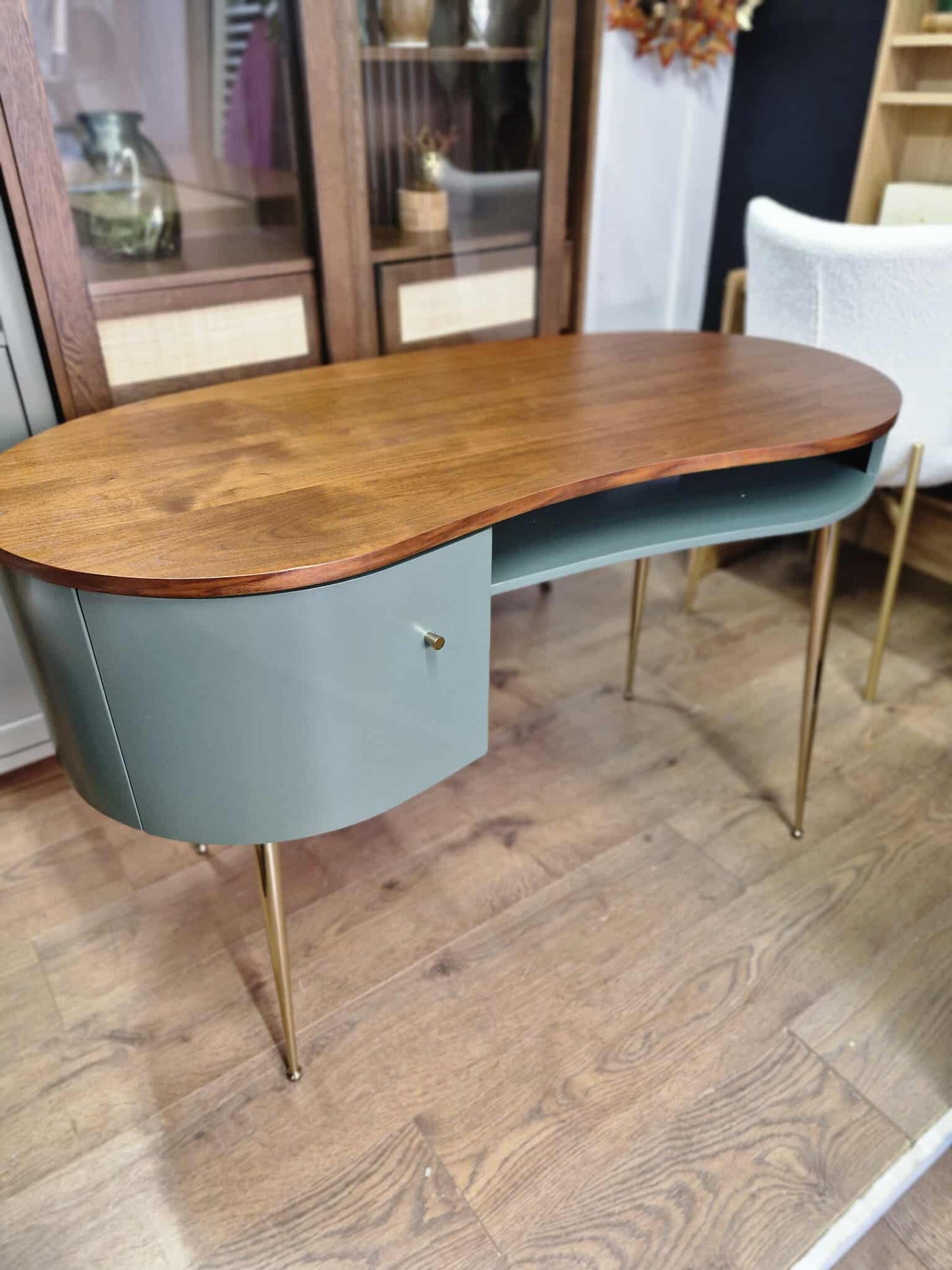 Vintage Style Walnut and Green Desk Organic Shape
