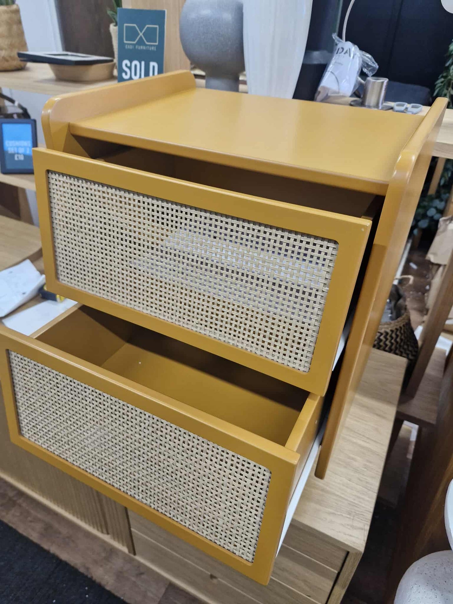 Bedside Table with 2 Cane Drawers / Ochre and Rattan / Kaya La Redoute