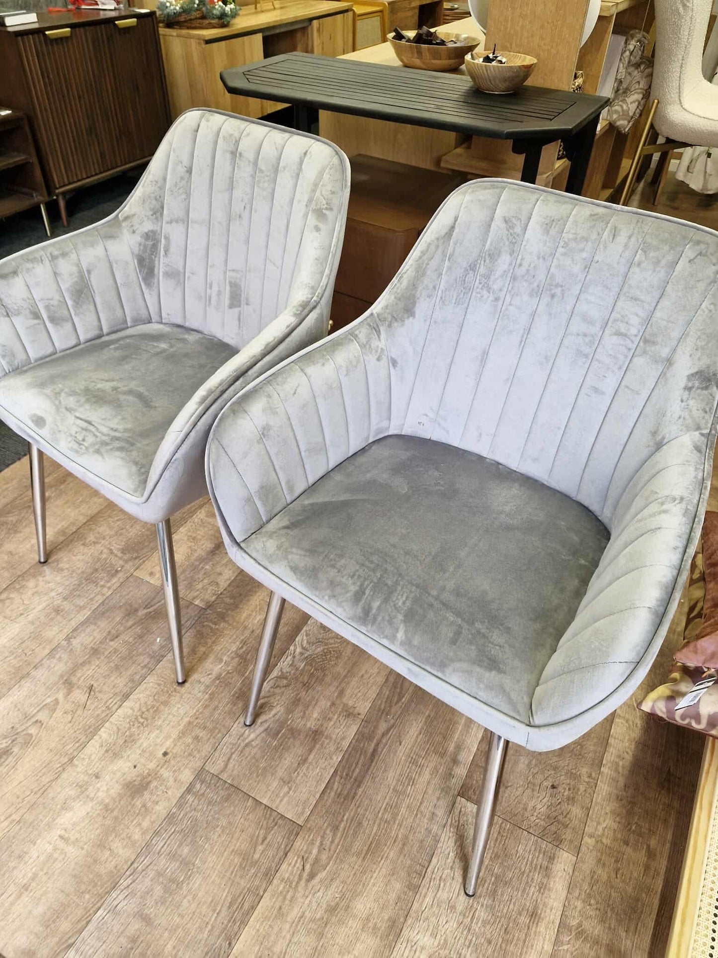 Grey Velvet and Silver Effect Metal Legs Dining Chairs / Set of 2