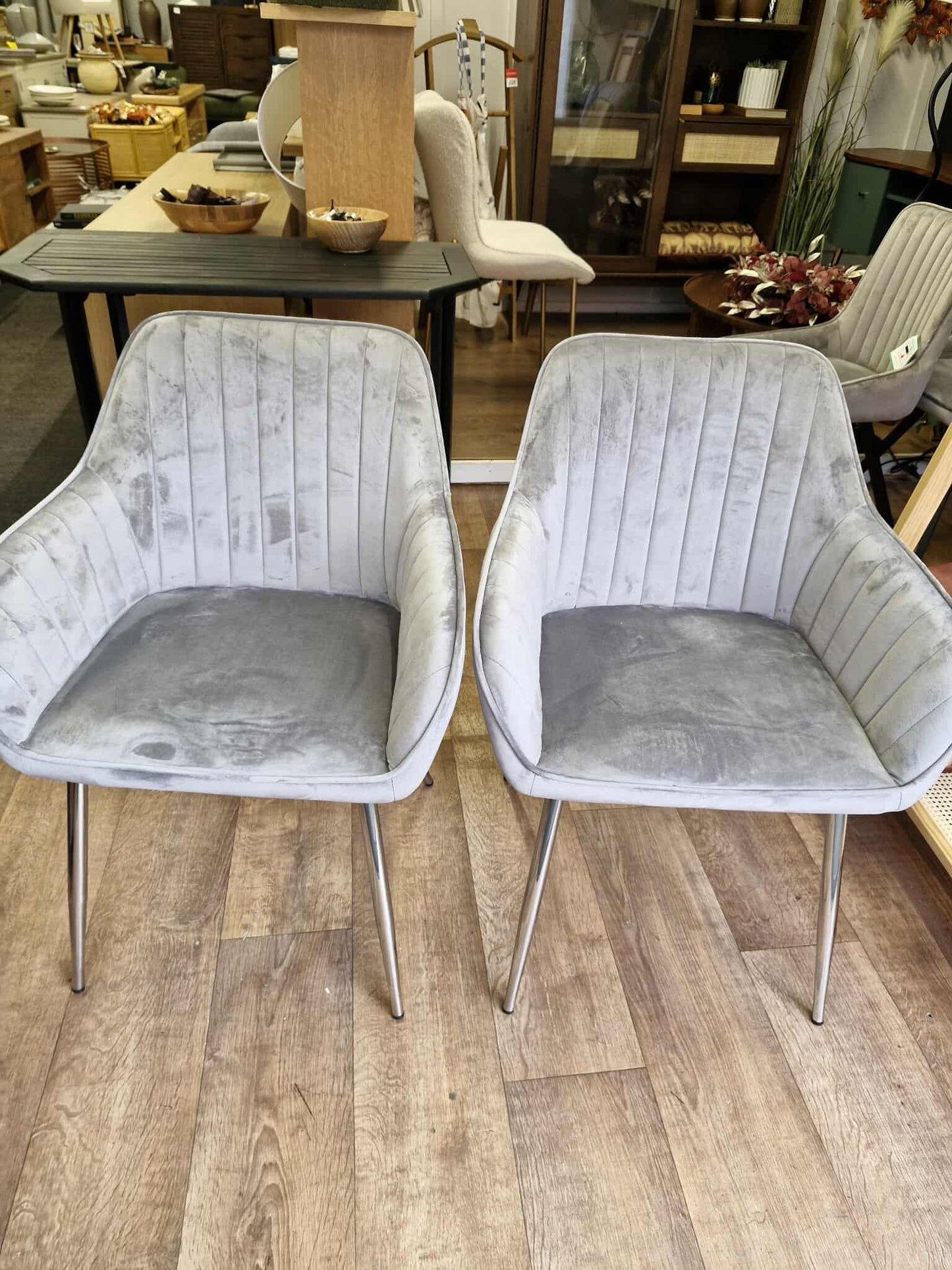 Grey Velvet and Silver Effect Metal Legs Dining Chairs / Set of 2